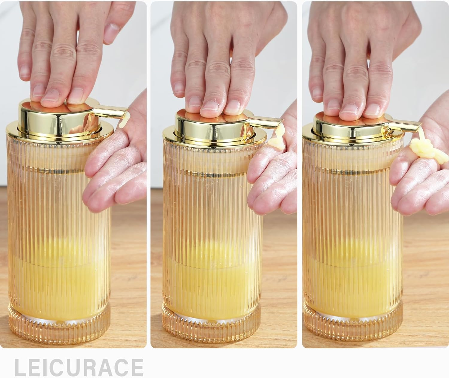 LEICURACE Glass Liquid Soap Dispenser, Refillable Liquid Dispenser with Gold Pump, Hand Soap Dispenser for Bathroom Kitchen, Modern Home Bathroom Decor （Liquid Type/Gold） A031-004-AU - Liquid Type/Clear image number 2