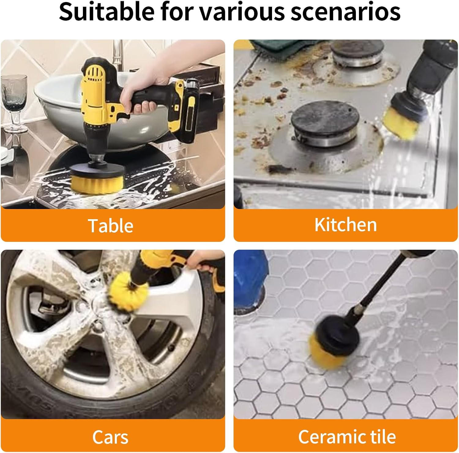 4 Piece Drill Brush Cleaning Brushes Set, Power Scrubber Cleaning Brushes Extended Long Attachment Kit, Detailing Brush Set for Car Tire, Barthroom, Floor, Grout and Tuff Stuff, Yellow