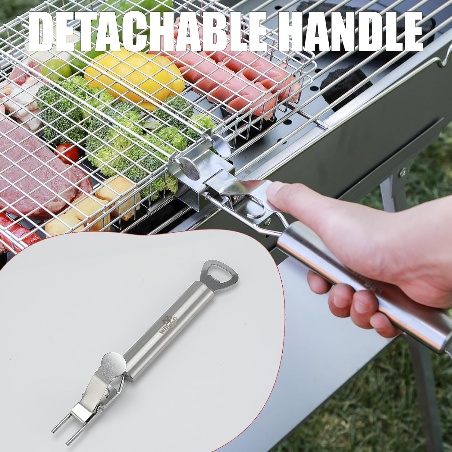 Willbbq Multi-Function BBQ Basket &ndash; Portable Large Stainless Steel Grill Basket with Removeable Handle, Perfect for Outdoor Cooking, BBQ, Kitchen Use image number 4