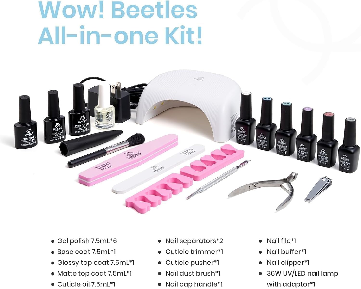 Beetles Gel Polish Gel Nail Polish with Uv Light Starter Kit, 6 Colors Muted Pastel Gel Polish with 3Pcs Base Gel Top Coat Cuticle Oils Nail Art Accessories Poetic Vision Kit DIY Soak off Led Gel for Girls