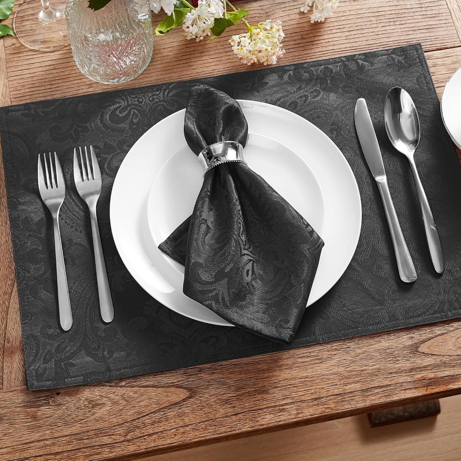 Elrene Home Fashions Caiden Elegance Damask Napkin Set of 4, 17" X 17", Black