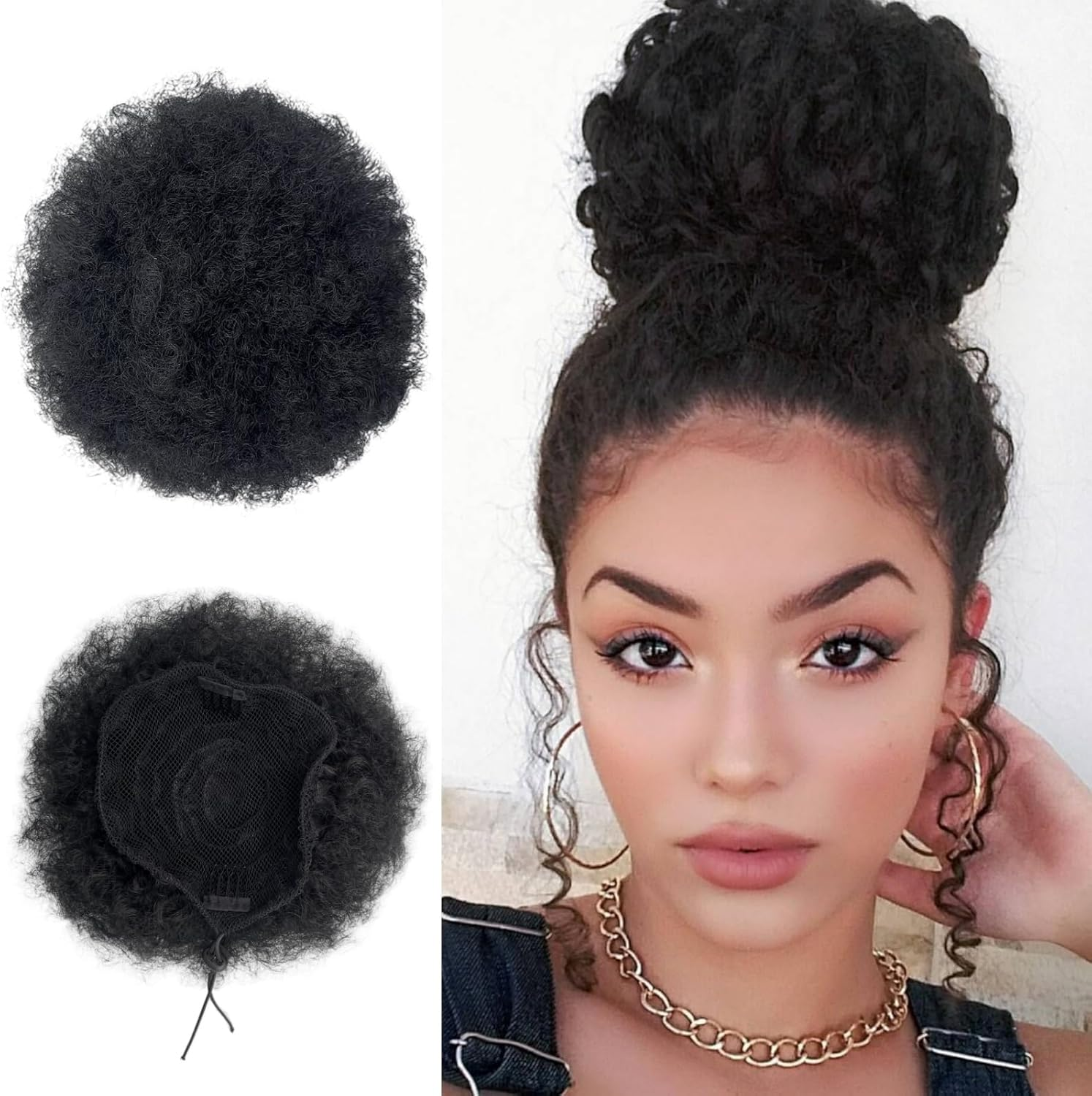 YUESUO Natural Ponytail for Women Synthetic Short Afro Bun Extension Hairpieces Drawstring Ponytail with Two Clips (Natural Black #1B)