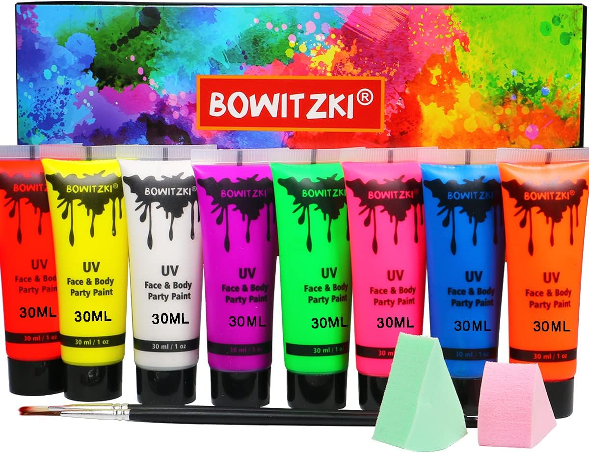 Bowitzki UV Neon Face and Body Paint 8 X 30Ml Largest Kit Black Light Glow in the Dark Makeup Set Fluorescent Face Painting for Adults Music Festivals Party Halloween Christmas image number 3