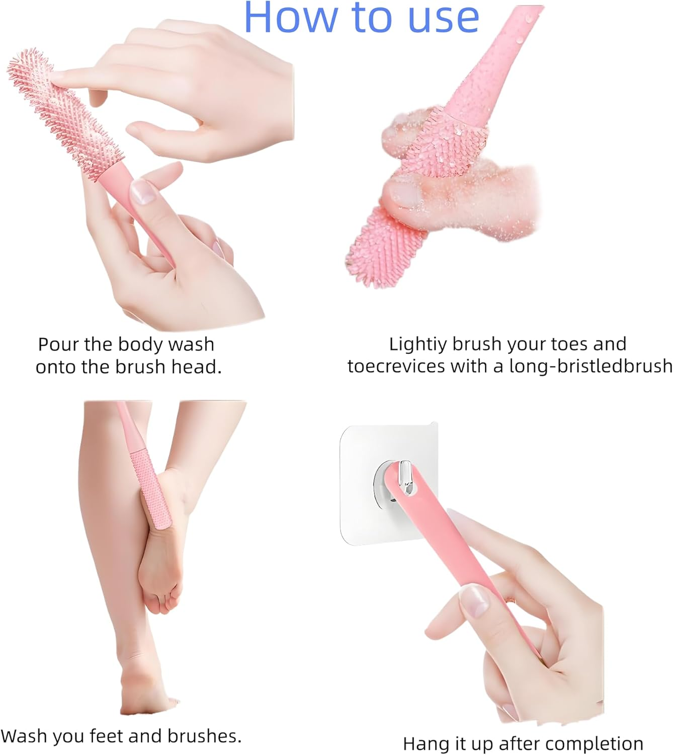 Toe Gap Cleaning Brush,Long Handle Silicone Toe Cleaning Brush Set, 40Cm Pink Dual-Sided Exfoliating and Bristle Design, 2-Piece Foot Care Kit with Wall Mount image number 5