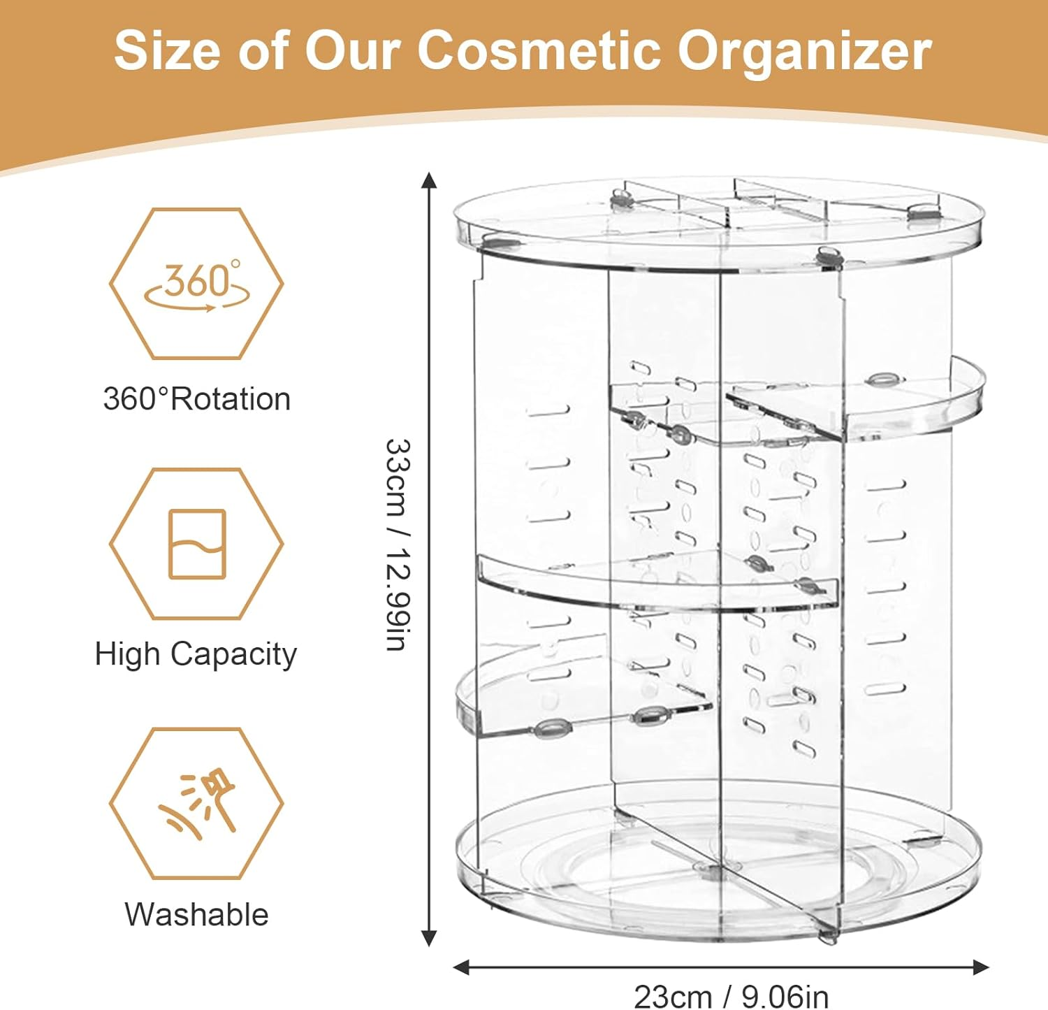 KXF 360&deg; Rotating Desktop Transparent Diamond Pattern Cosmetic Organizer Adjustable Shelf Height Spinning Makeup Storage Rack Box with Diamond Pattern for Dressing Toilet Vanity Table Countertop image number 1