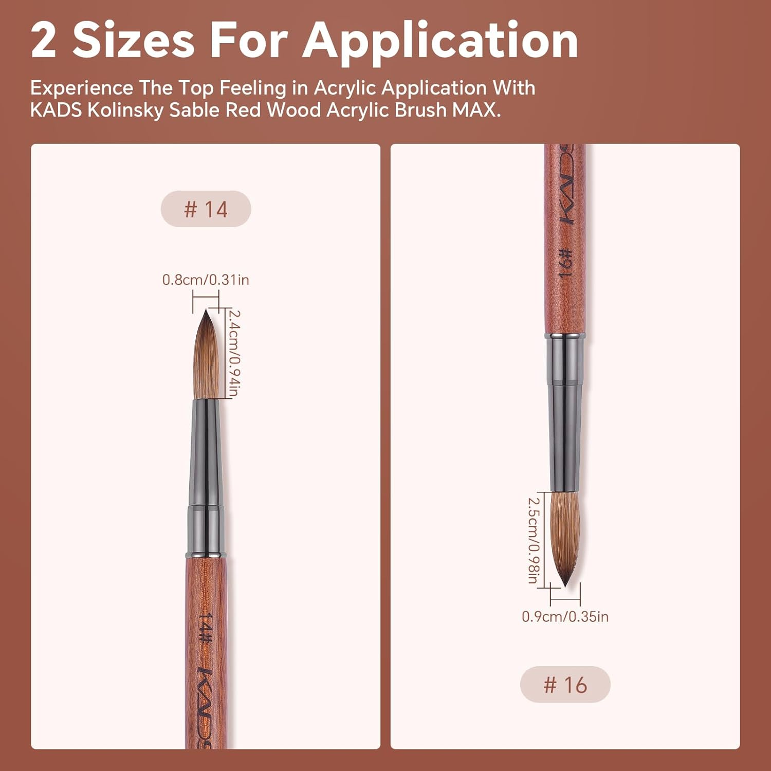 KADS Kolinsky Red Wood Acrylic Brush Max Nail Art Brush 2 Size to Choose 14#/16# Nail Brush for Nail Art Manicure Tool (16#) image number 1