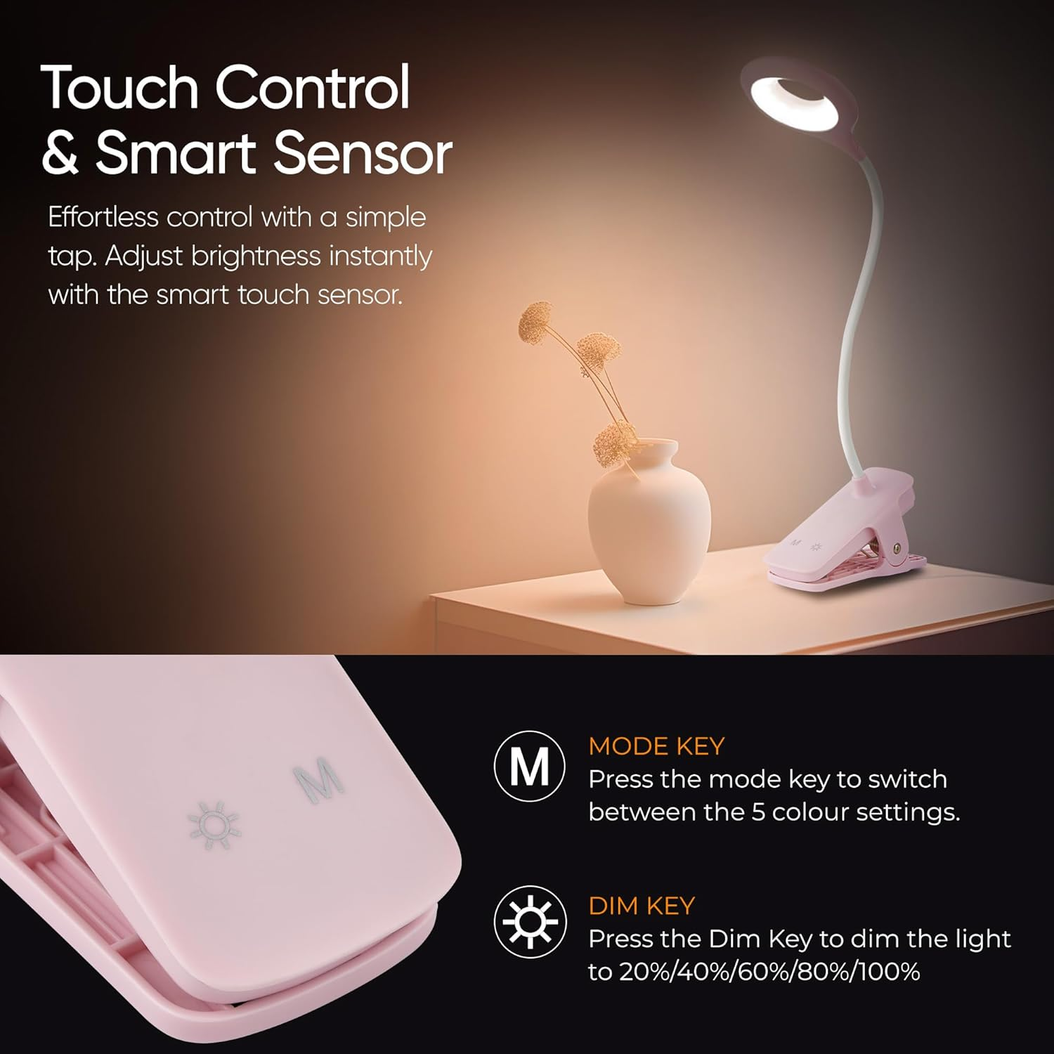 National Lighting Dimmable LED Clip on Light - 4.5W Touch Control LED Lamp with Flexible Neck & Strong Clamp - 5 Colours & Brightness Levels, USB Rechargeable Desk Light - Pink - Black image number 7