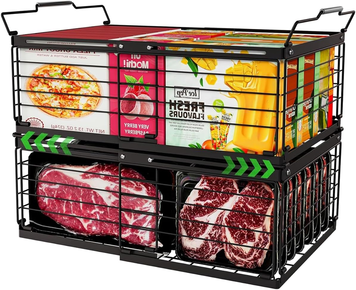 Blissify 2 Pack Expandable Freezer Basket, Stackable Large Freezer Organiser, Deep Chest Freezer Organizer Bins with Foldable Handles for Sorting Frozen Meats and Food, Black image number 1