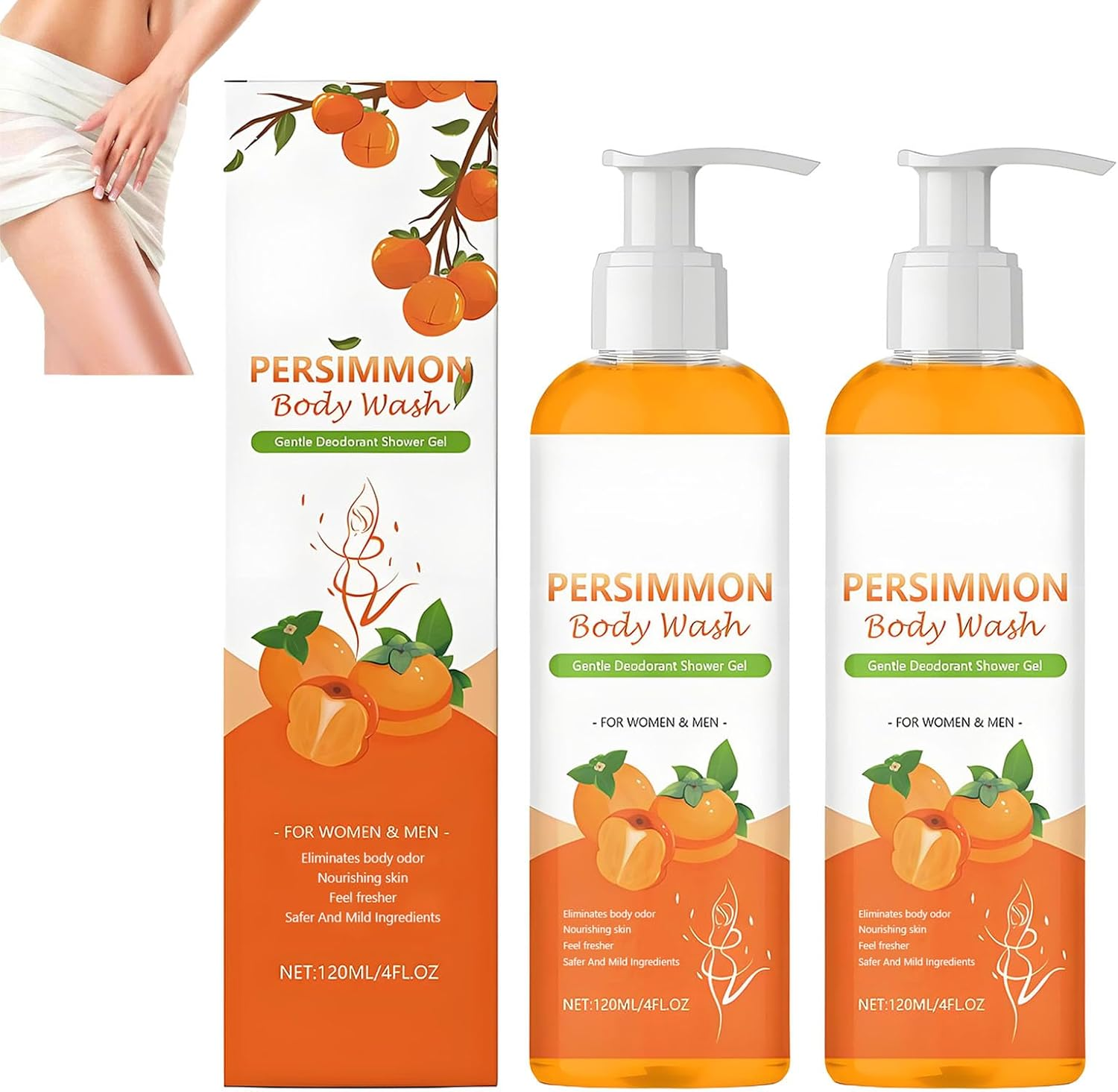 Persimmon Body Wash for Body Odor, Natural Deodorant Body Wash for Strong Odor Smell Removing, Deeply Cleansing & Moisturizing, with Persimmon Extraction, Fresher Scent, Gentle Ingredients (1Pcs)