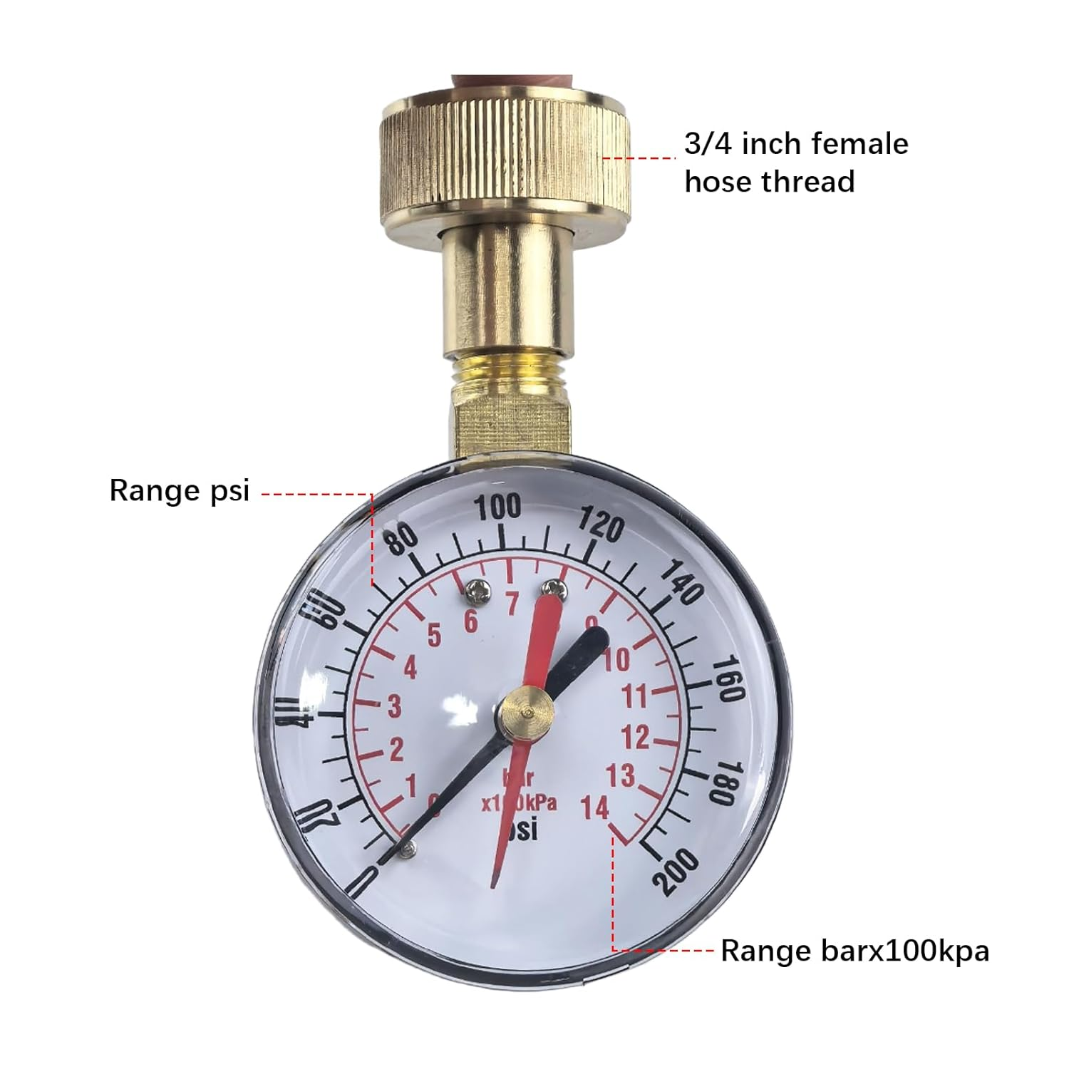 Universal Water Pressure Test Gauge, 0-200Psi 0-14Bar 3/4&rdquo; Radial Water Steam Gas Pressure Test Gauge Metal Hose Bib Gauge for Home Garden image number 4