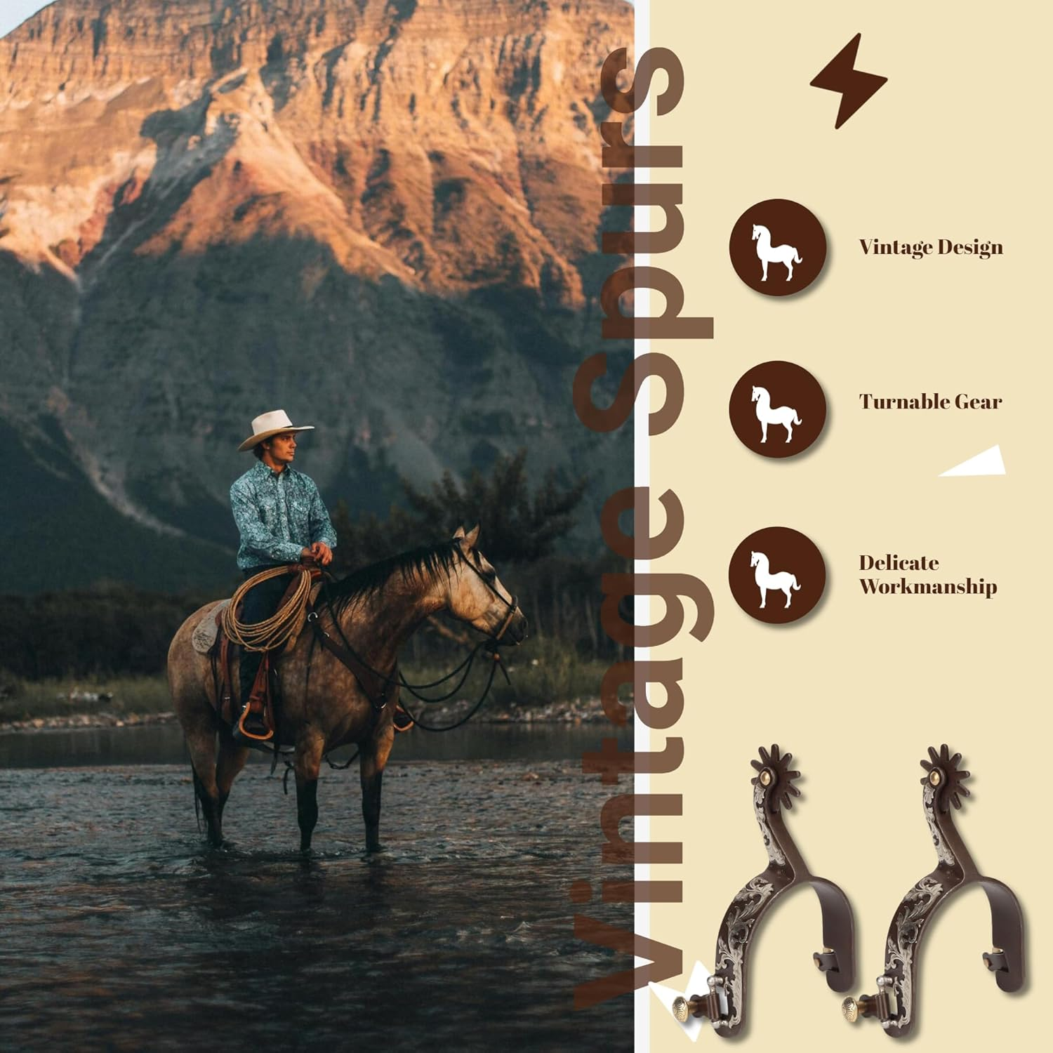 Gugxiom 2Pcs Western Spurs, Retro Bronze Low Carbon Steel Horse Spurs, Vintage Carved Spurs, with Turnable Gear image number 2