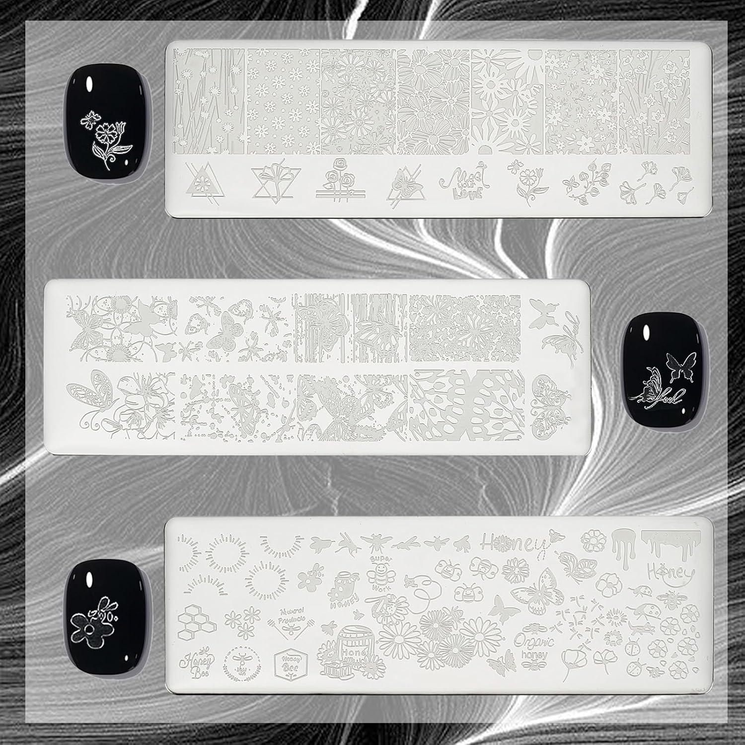 NICENEEDED Pack of 3 Nail Art Plates with Flowers and Butterflies Rectangular Stamp Plates with Flower Motif Spring and Summer DIY Print Manicure Salon Design Kit for Women image number 1