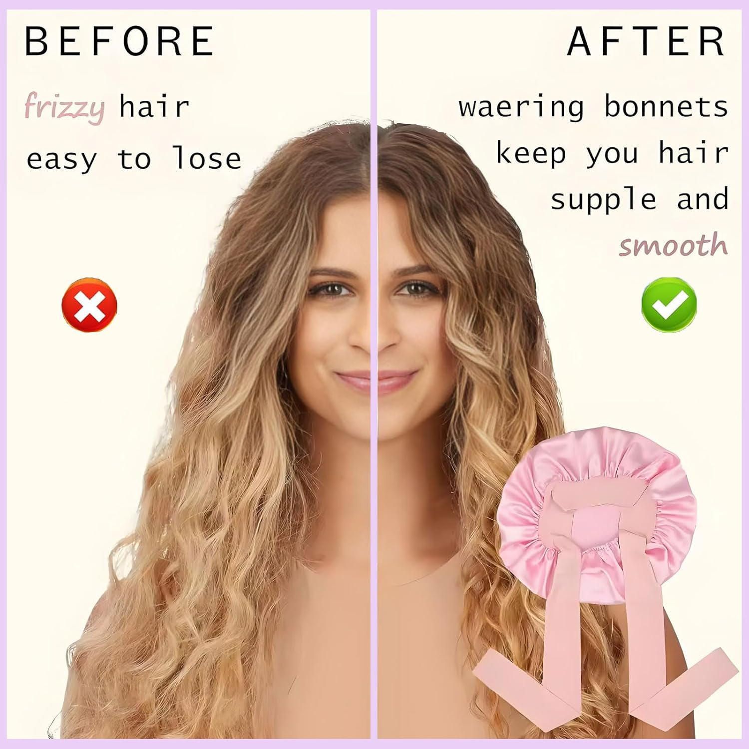 2 Pcs Satin Sleep Cap, Silk Bonnet with Tie Band, Adjustable, Black+Pink image number 2