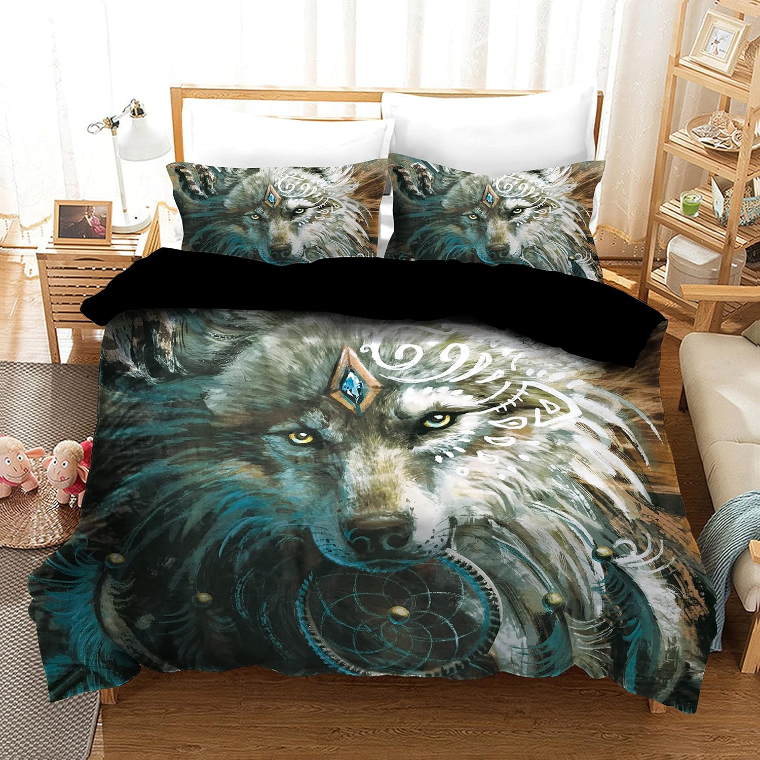 Wolf Dream Catcher Quilt Doona Duvet Cover Set Single Double Queen King Size Available Double, 2 Pillow Cases