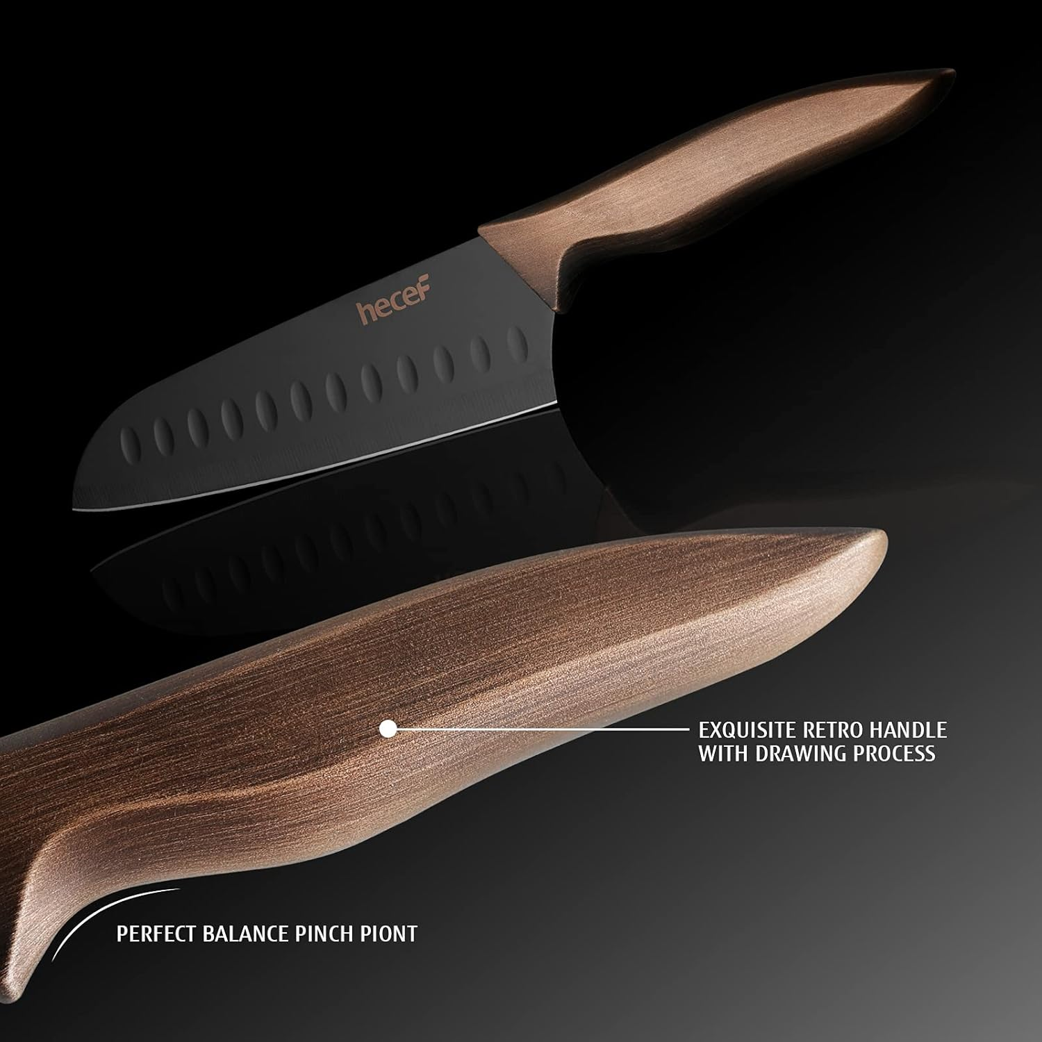 Hecef Kitchen Knife Sets Stainless Steel Non Stick Color Coating Blade Knives Includes 8'' Chef 8'' Bread 7'' Santoku 5''Utility and 3.5'' Paring image number 1