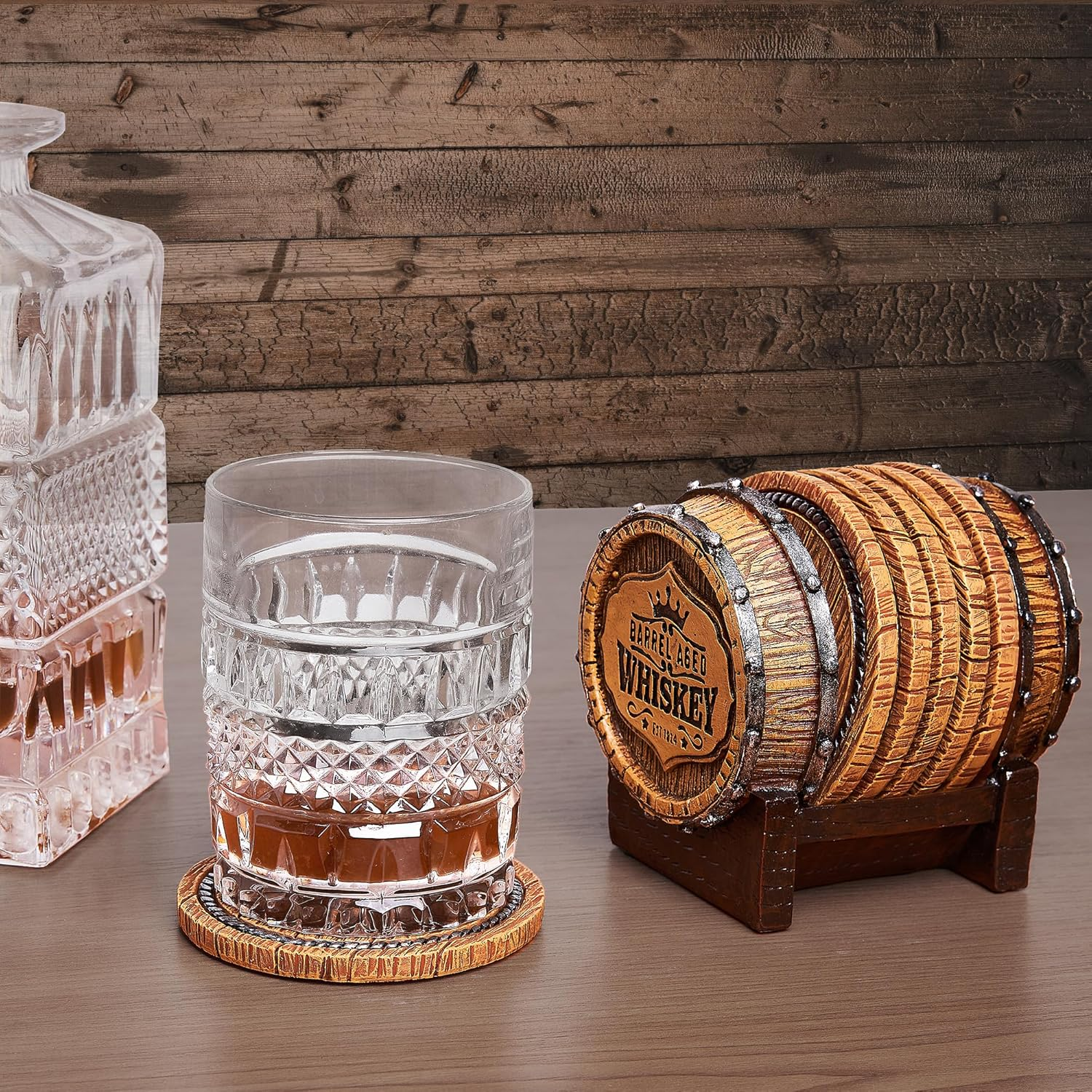 Whiskey Barrel Coaster Set &ndash; Handcrafted Whiskey Barrel Decor for Whiskey Lovers and Man Cave Gifts for Men - 6 Full Size Whiskey Coasters with Barrel Style Holder for Man Cave D&eacute;cor image number 4