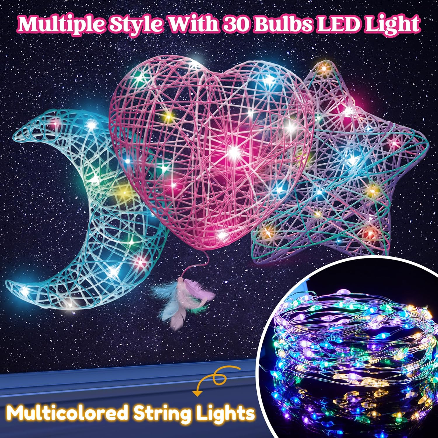 Klever Kits 3D String Art Kit for Kids, Light up String Light Toy with 30 Multi-Colored LED Bulbs, Arts and Crafts Set, Birthday Gifts for Girls and Boys Ages 6-12 image number 1