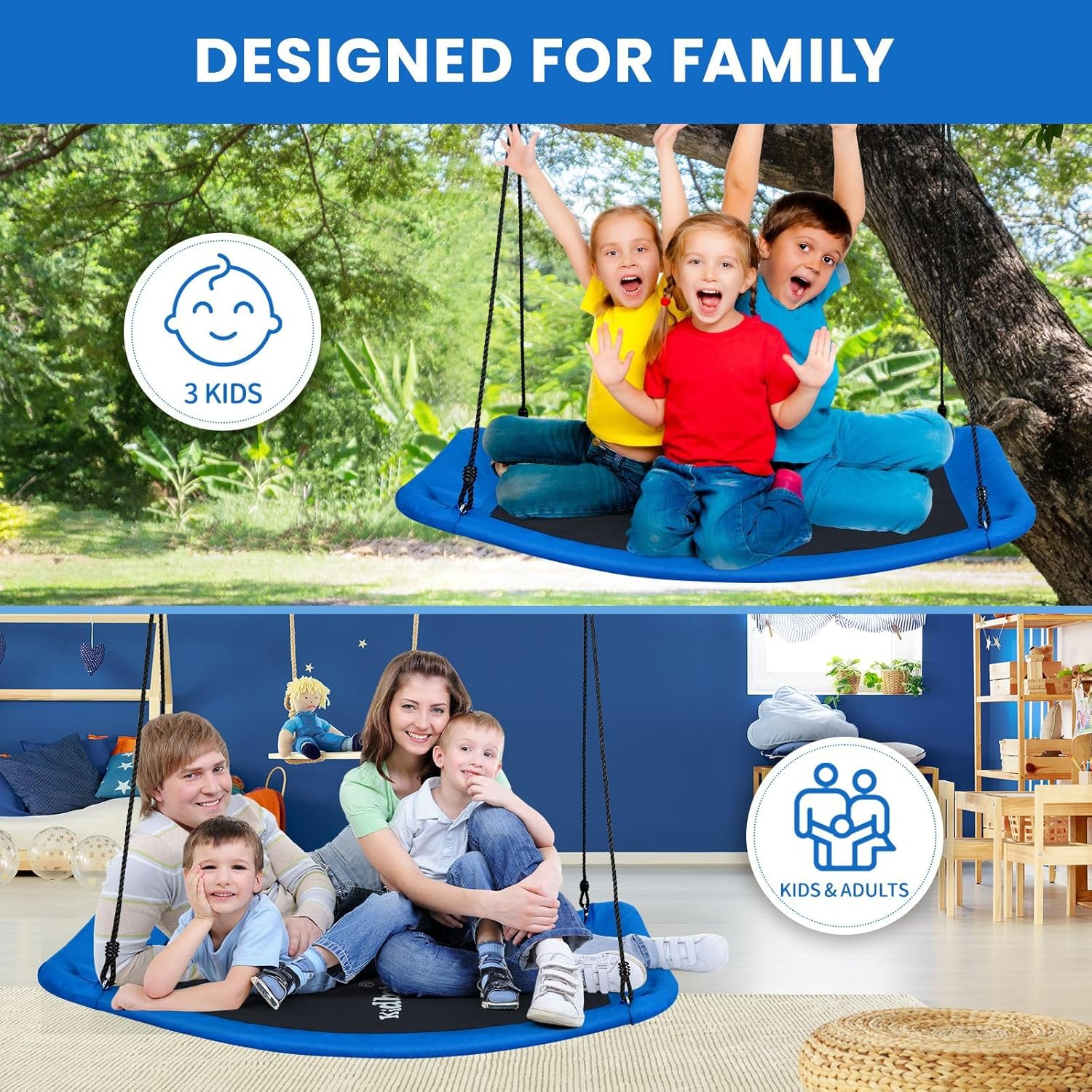 Kidbot Tree Swing Seat Chair Set Indoor Outdoor Childrens Adult Hanging Playset Rectangular Garden Camping Platform Straps XL Carabiners image number 1