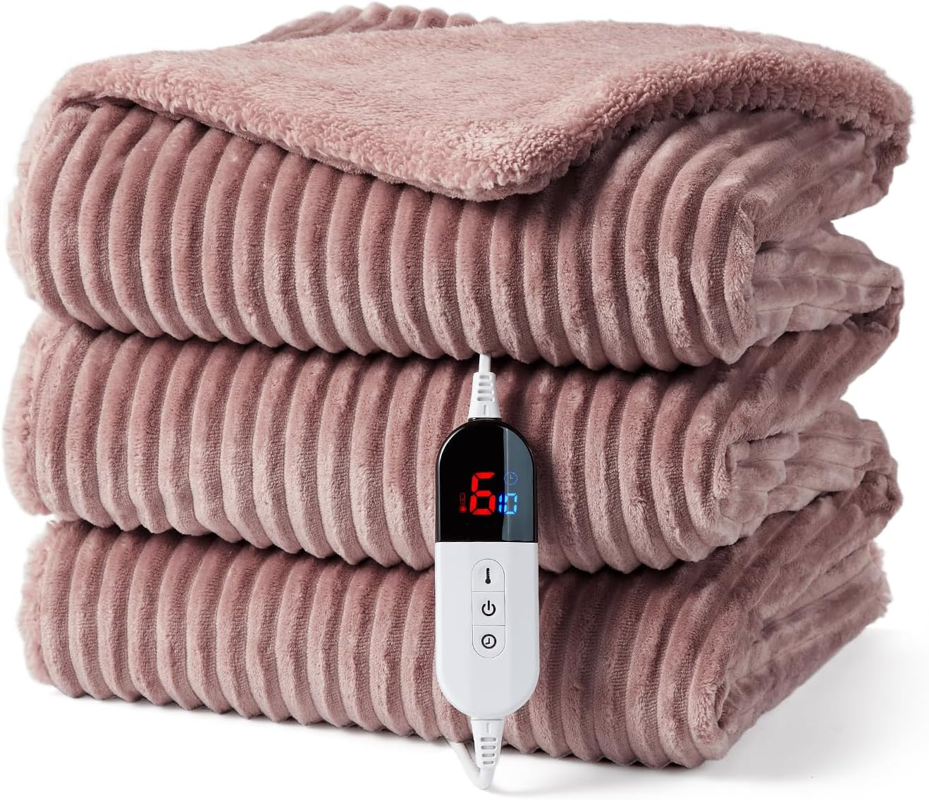 Electric Throw Blanket 130X160Cm, Thick Ribbed Flannel Heated Blanket, Heated Throw Blanket with 6 Heating Levels, 10 Time Settings, SAA Certified & Machine Washable Throw Rug, Pink image number 1