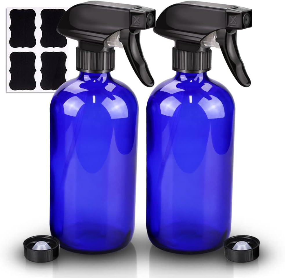Wedama Glass Spray Bottle, 2 Pack Blue 16 Oz Glass Spray Bottles for Cleaning Solutions and Essential Oils, Refillable Empty Spray Bottle with Adjustable Nozzles for Alcohol, Plant and Hair Care