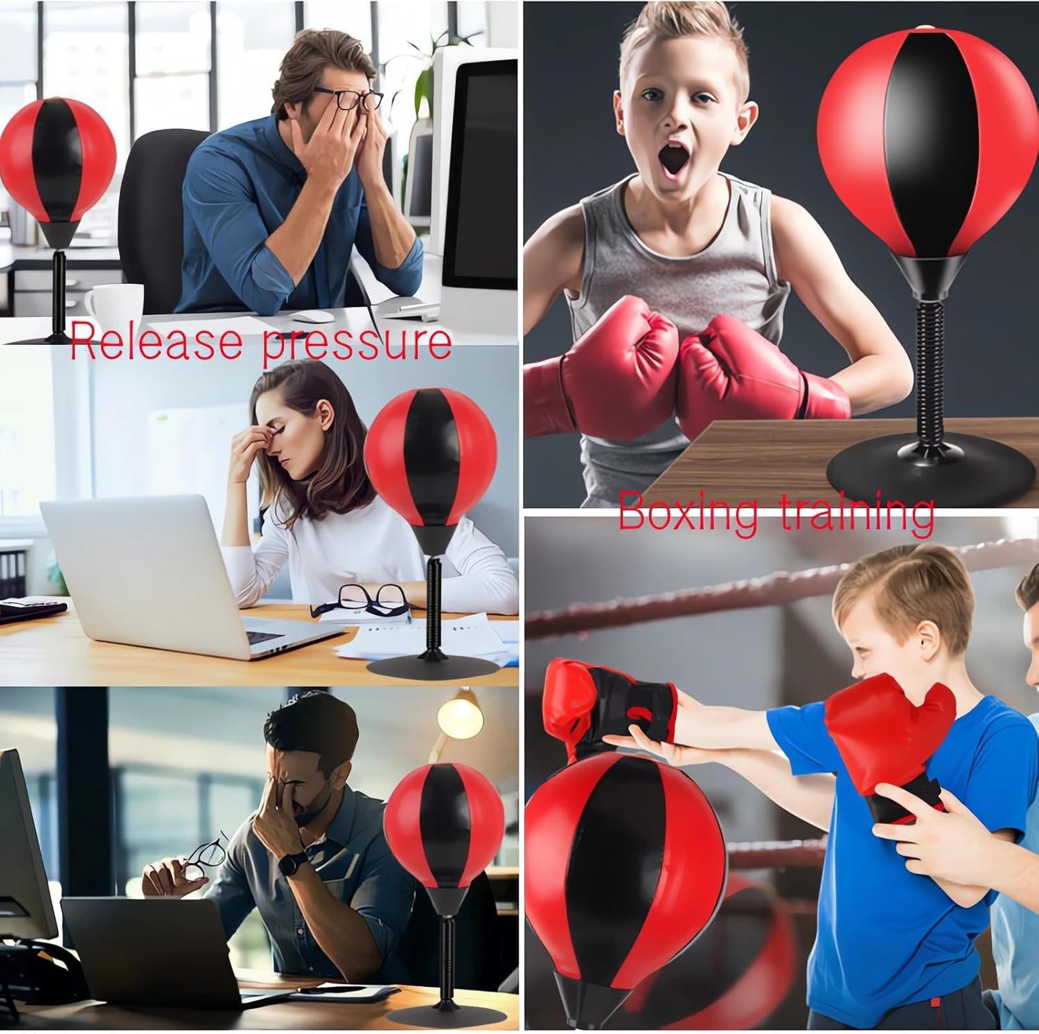 Desktop Boxing Punching Bag,Boxing Bag with Strong Suction Cup,Gift Idea for Stress Relief, Funny Toys for Kids Coworkers and Friends（Black+Red）