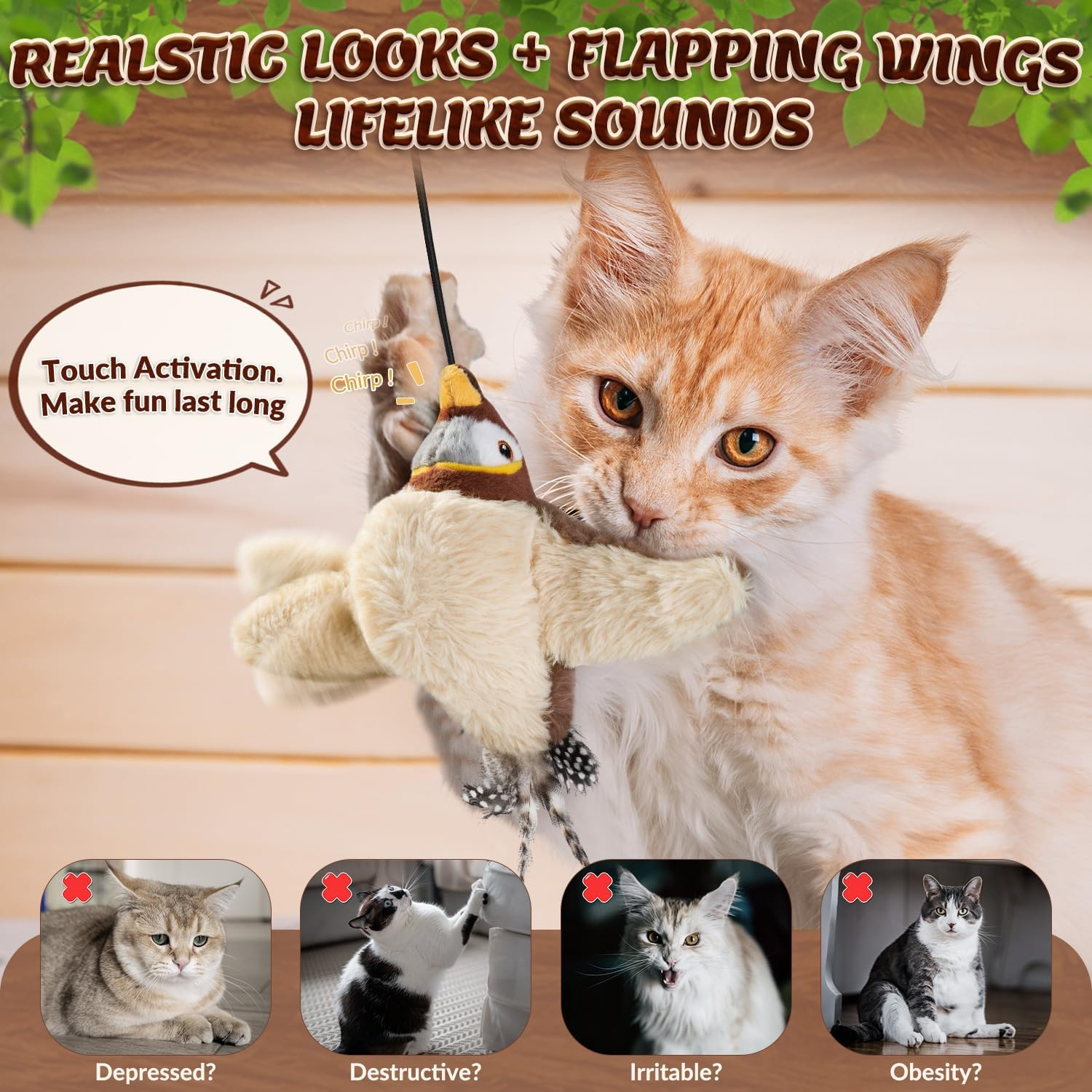Slowton Interactive Cat Toys Rechargeable - Touch Activated Flapping Sparrow Catnip Toys with Lifelike Chirping - Plush Bird Toy with Rope and Hooks for Indoor Kitten Kitty Exercise image number 6