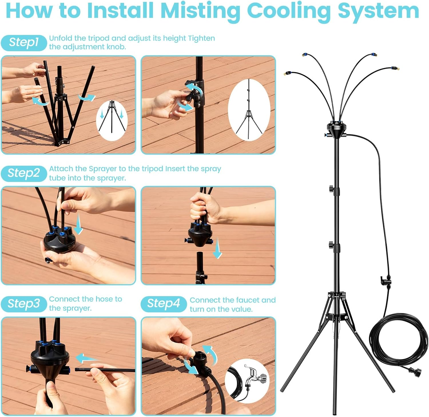 Upgrade Standing Misters for outside Patio - Portable Misting System for Cooling Outdoor 65 Inch Height Water Mister W 26.5Ft Stand Misting Line for Garden Yard BBQ Pool Water Playing Sprinklers image number 6