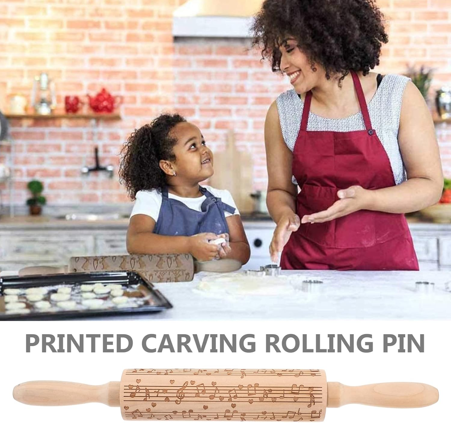 CALLARON Embossed Rolling Pin, 14 Inch Christmas Rolling Pins for Baking, Wooden Reusable Dough Roller with Music Note, Embossed Cookies Baking DIY Tool for Kids Adults Xmas Decoration image number 5