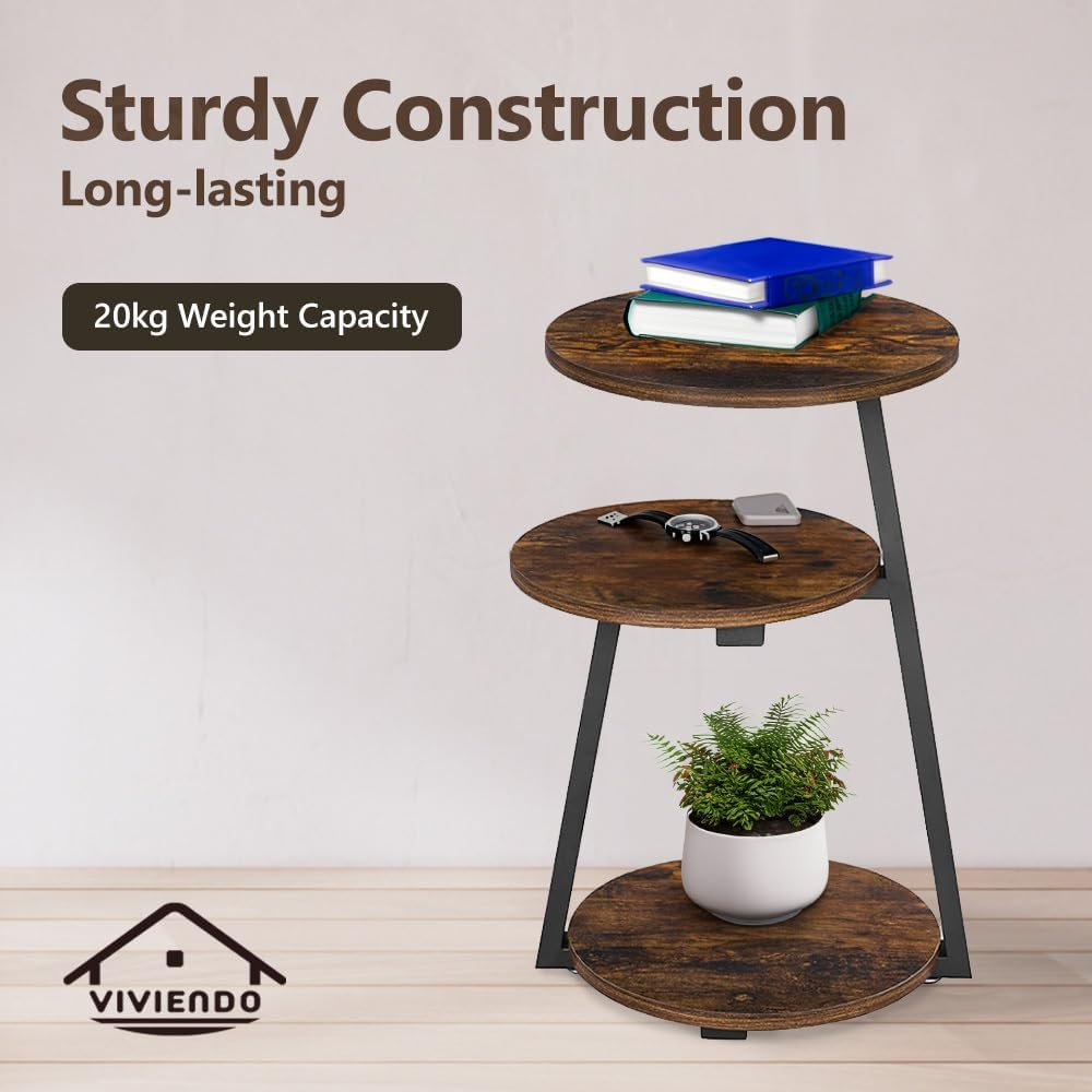 Viviendo 3-Tier Side Table, Industrial End Table for Living Room, Bedside Tables with Storage Shelves, Rustic Wooden Nightstand with Metal Frame image number 6