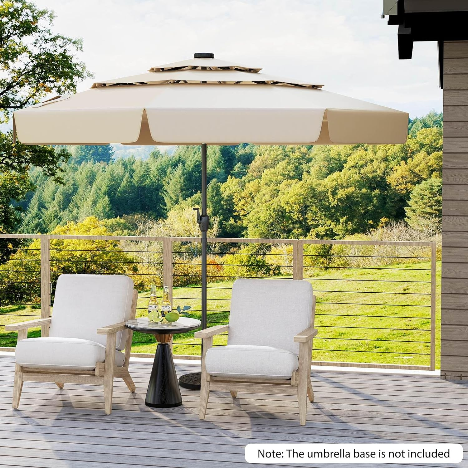 Costway 3M Solar Patio Umbrella W/ 32 LED Lights, 3-Tier Vented Top, Ruffles, Tilt Adjustment, Easy Crank, 8 Ribs, Outdoor Yard Poolside Deck Beach Lawn Market Sunshade, Heavy-Duty Table Parasol - Taupe image number 2