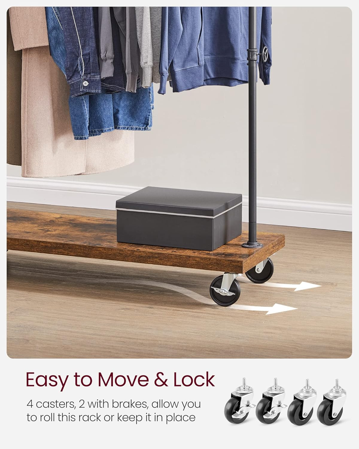 VASAGLE Clothes Rack, Heavy Duty Clothing Rack, Industrial Pipe Style Rolling Garment Rack with Shelf, for Bedroom, Laundry Room, Retail Store, Rustic Brown and Black HSR65BX image number 5