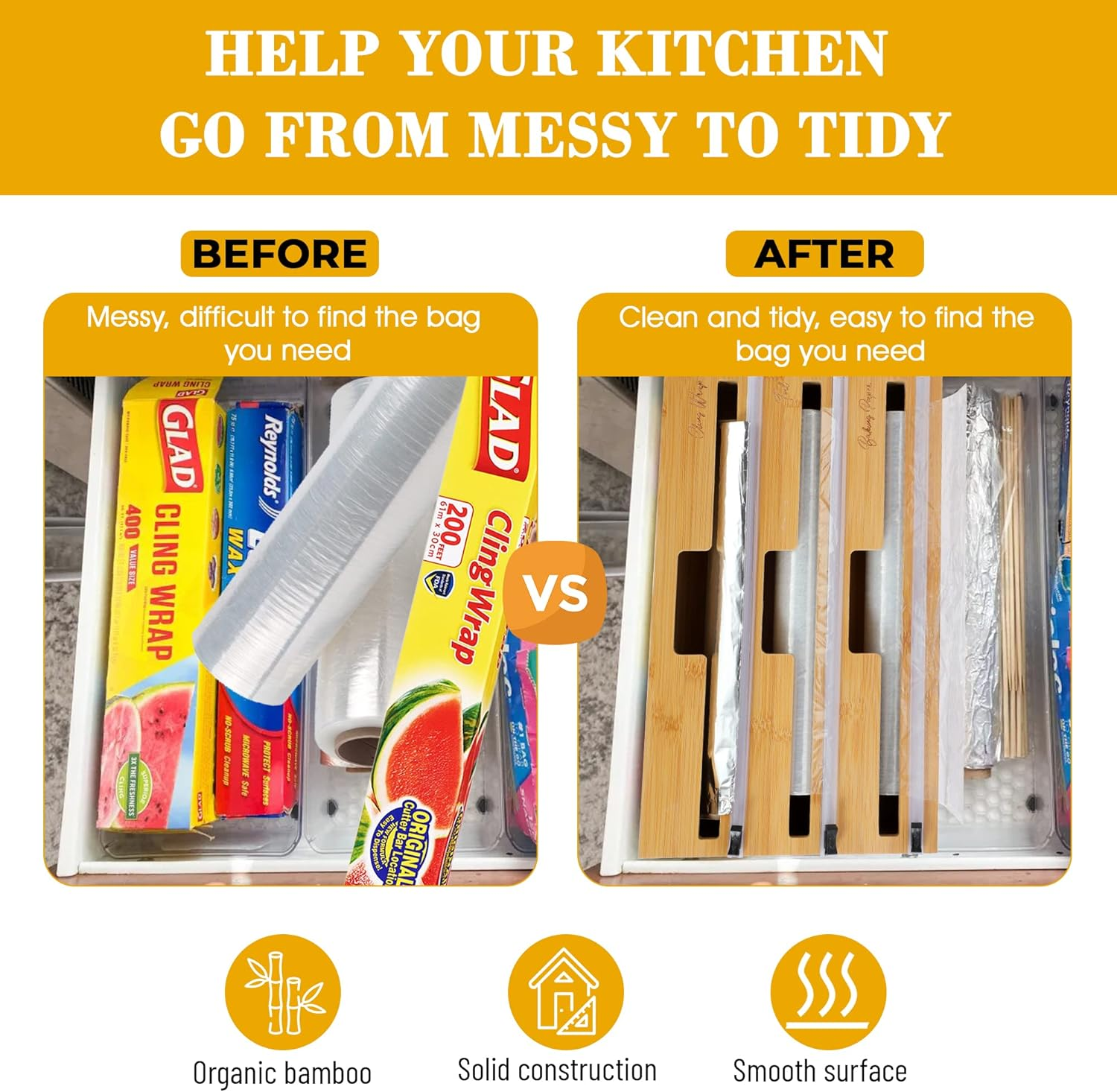Bamboo Cling Wrap Dispenser with Cutter 33Cm | 3-In-1 Foil and Wrap Organiser for Kitchen Drawer | Glad Wrap and Foil Storage Solution| Australian Sizes| image number 6