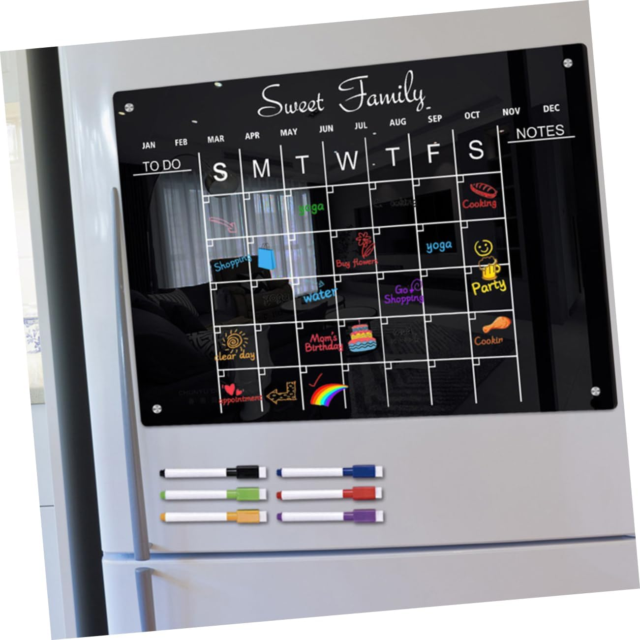 HAPINARY Black Acrylic Magnetic Board Fridge Dry Erase Schedule Planner Magnet Board for Wall Magnetic Message