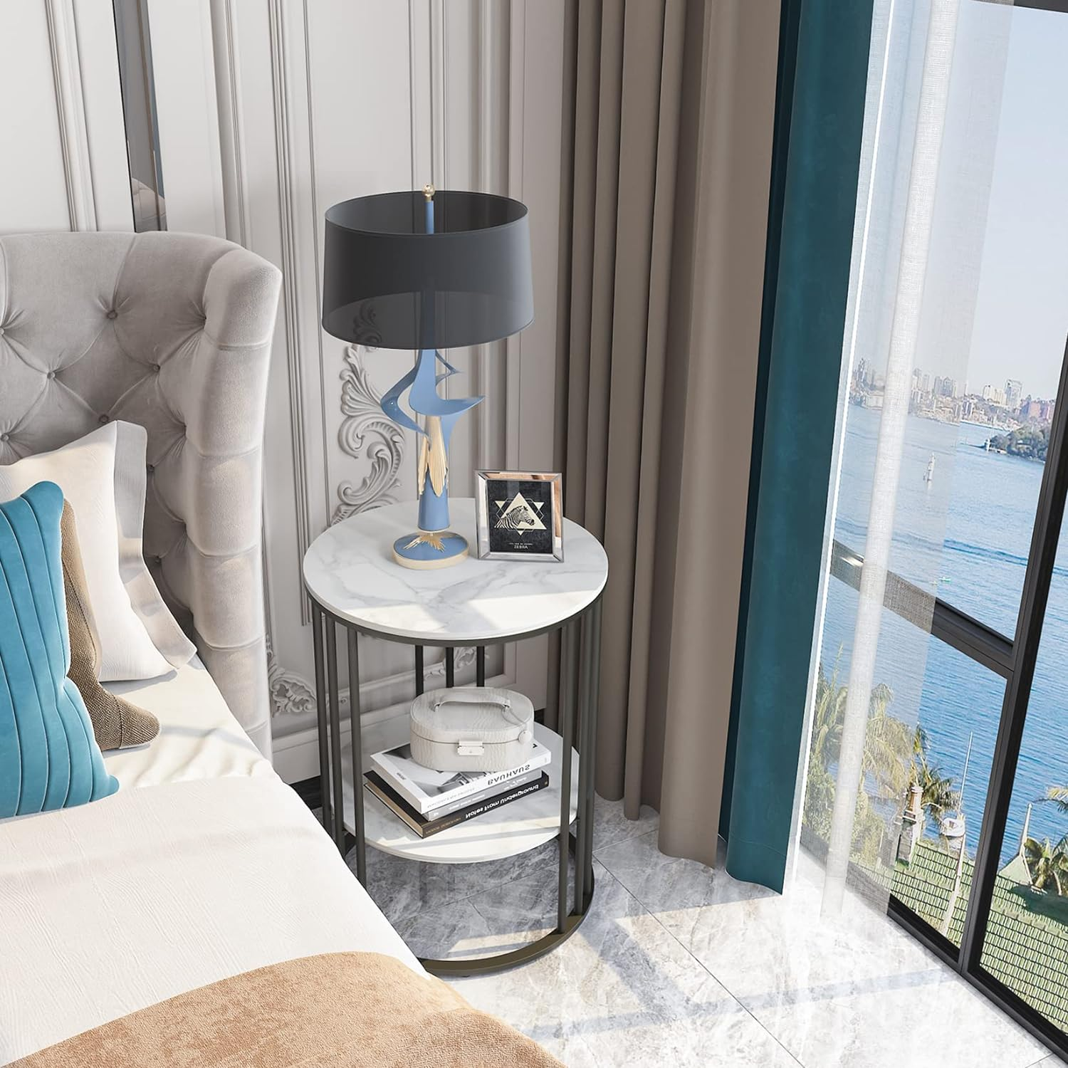 Marble Top Side Table Black: Small Circle End Tables 40 X 54Cm Sintered Stone Bedside with Metal Black Legs Modern White Nightstand 2 Tier round Sofa Side Table for Bedroom Living Room Furniture - Black image number 3