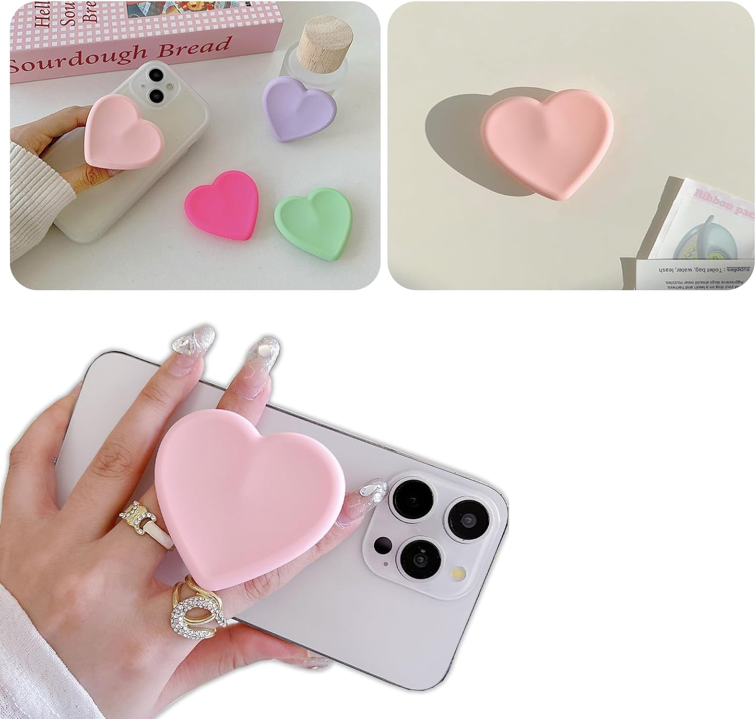 2PCS Heart-Shaped Silicone Mobile Phone Grip Stand,Zakora Collapsible Cellphone Finger Grip Holder for Smartphone Tablet Cell Phone Accessory (White) image number 3