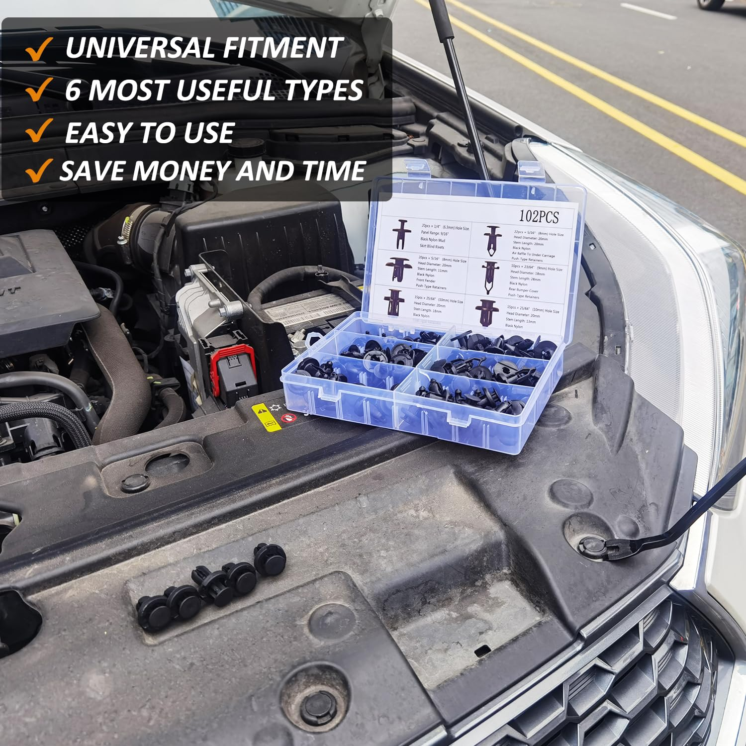 102PCS Retainer Clips Push Type Fasteners 6.3Mm 8Mm 9Mm 10Mm - Expansion Screws Replacement Kit with Remover Tool Bumper Push Rivet Clips