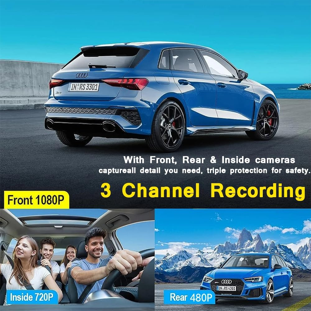 1080P Dash Camera with Wifi for Cars, 3 Channel Dash Cam Front and Rear inside with 32GB TF Card, 2.0" IPS Screen, Loop Recording, G-Sensor, WDR, 24H Parking Mode, Motion Detection image number 2