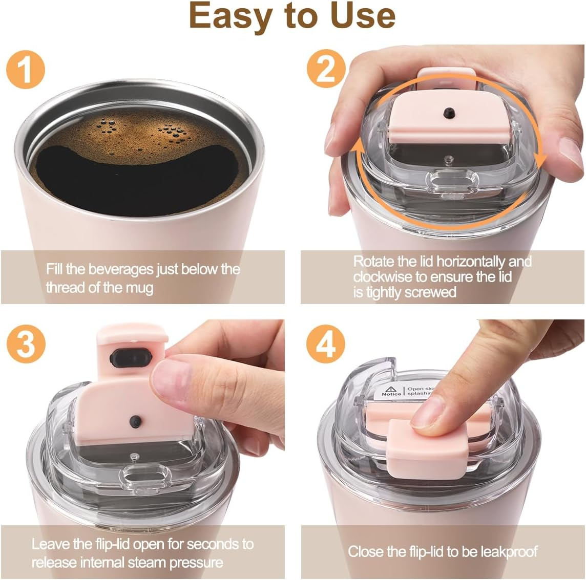 XBOGO Coffee Mug with Lid, 12 OZ Travel Mug, Leak-Proof to Go Coffee Mug, Stainless Steel Thermal with Double Wall, Insulated Tumbler for Men Women for Hot & Cold Drinks (Pink) - Black image number 3