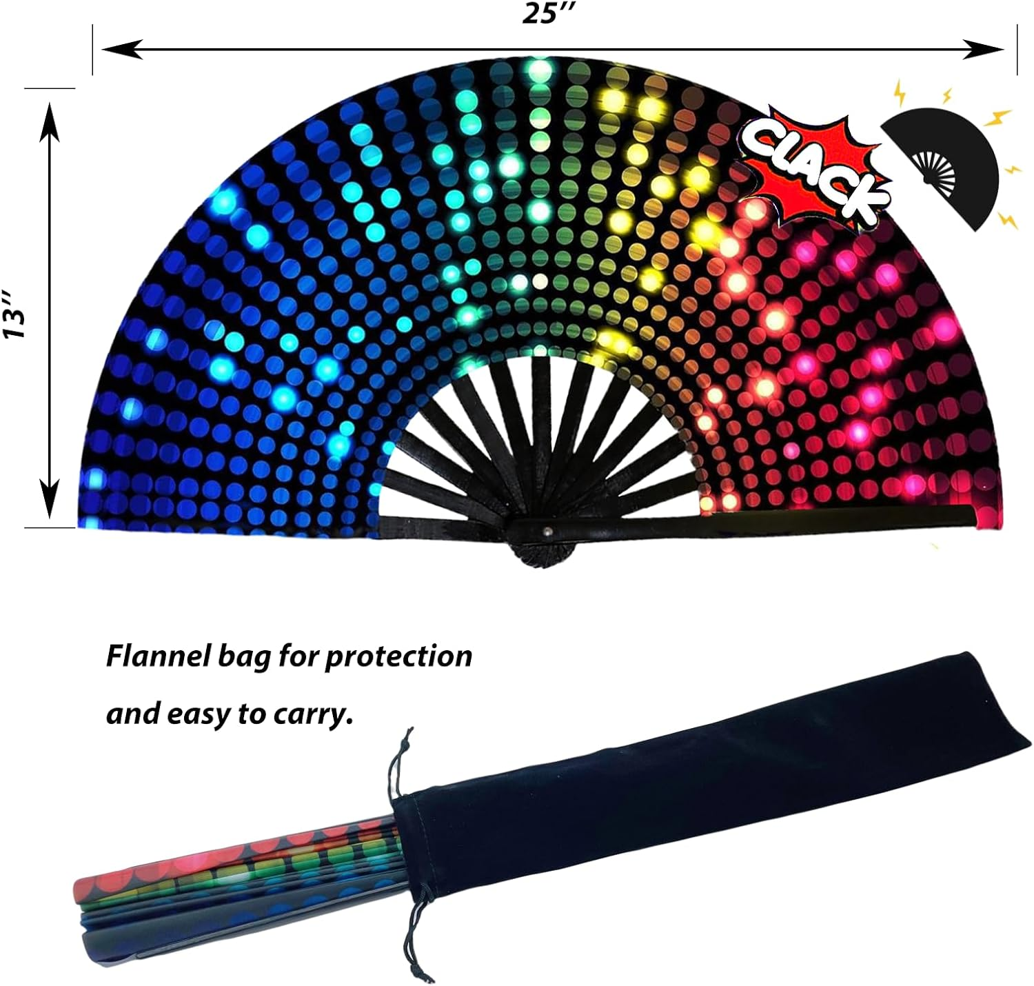 13&lsquo;&rsquo; UV Glow Large Rave Fan for Men Women, Decorative Folding Hand Fan for Party, Home Decoration, Gift, Music Festival Essential, EDM Rave Accessories (Lightspot)