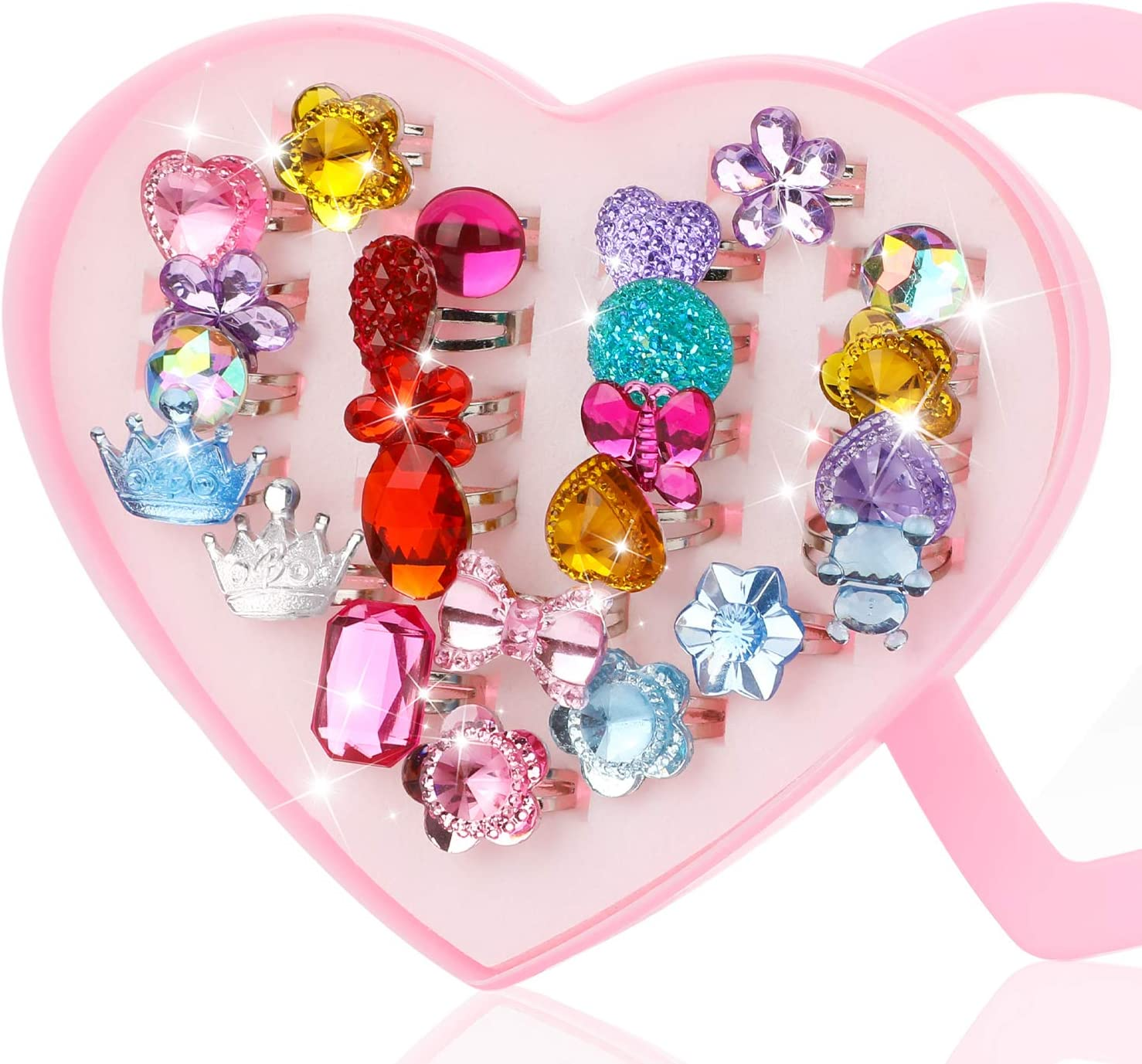 Hifot 24 Pcs Girls Crystal Adjustable Rings, Princess Jewelry Finger Rings with Heart Shape Box, Girl Pretend Play and Dress up Rings for Children Kids Little Girls - Random