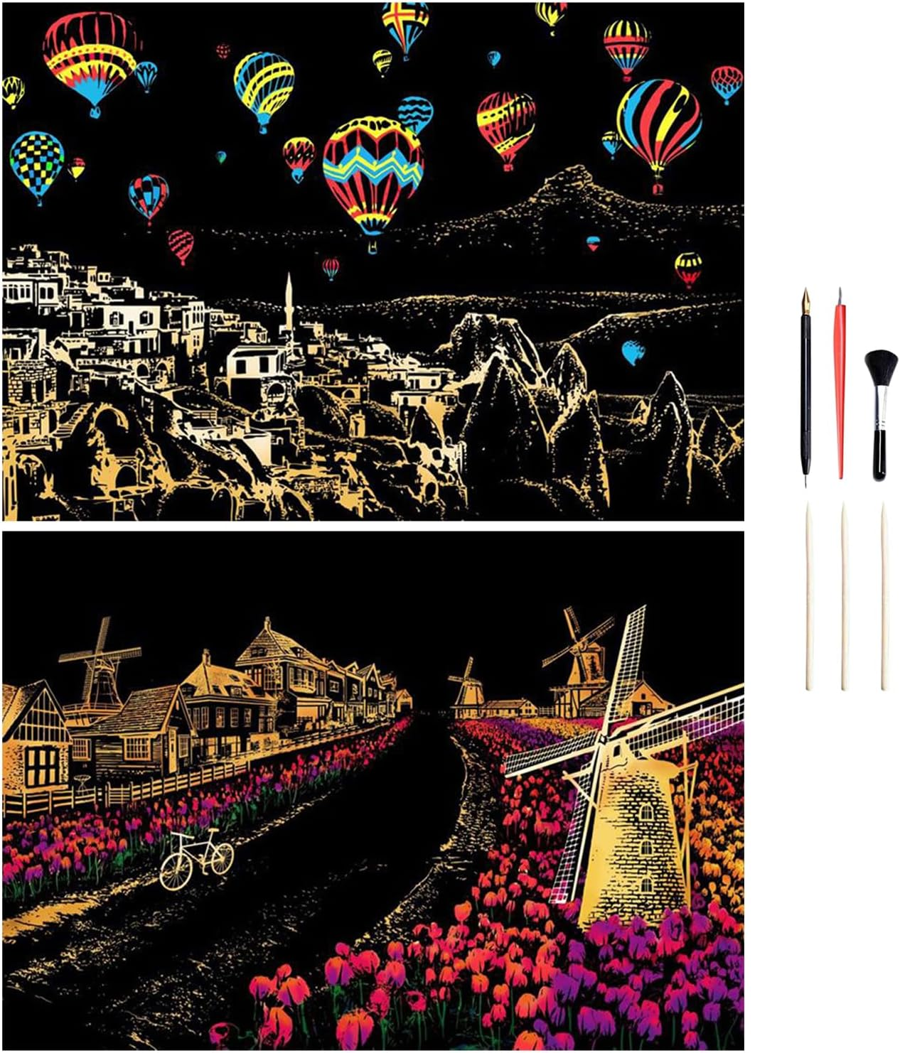 Georgie Porgy Scratch Picture Set DIY Craft Sets for Children Adults Magic Scratch Paper A3 City Scratch Paper for Christmas Birthday Gift with Scratch Tools Kit (A3 Windmill + Hot Air Balloon)
