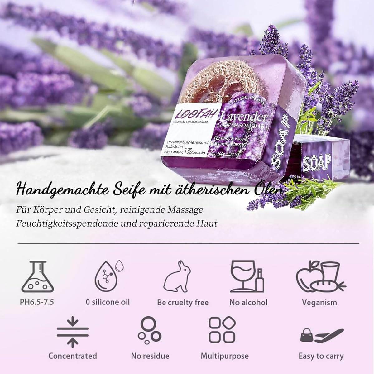 AIMALL 5PCS Loofah Soap Bars with Lavender Essential Oil &ndash; Exfoliating Handmade Glycerin Face & Body Cleansing Bars for Acne, Oil Control & Smooth Skin, 6.5X6.5X2Cm Each - Lavender image number 5