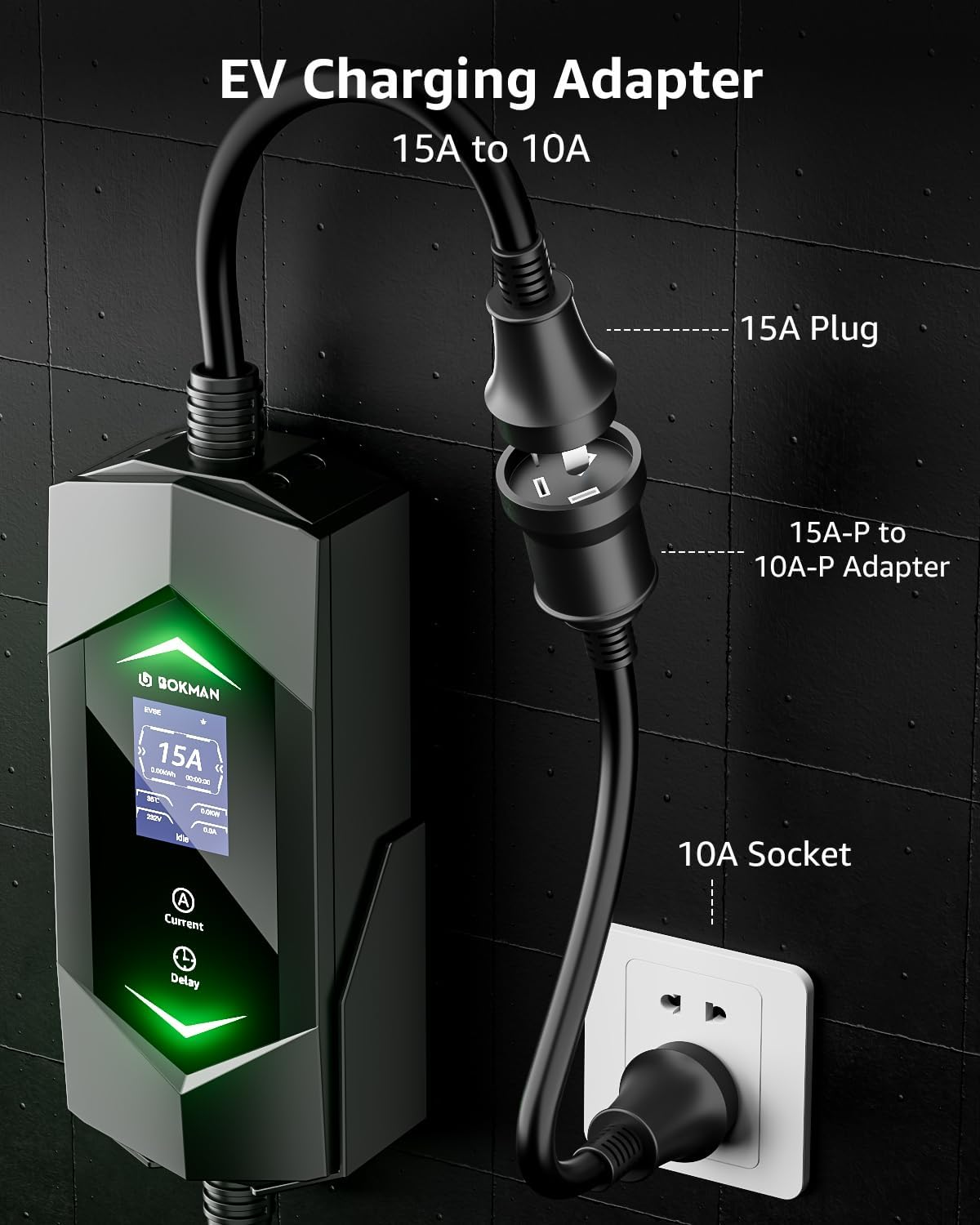 Bokman Type 2 EV Charger, Mode 2 | 10A/15A Adapter | 6A-15A Adjustable Current | 5 Meter, Electric Vehicle Car Type 2 Charging Cable image number 4