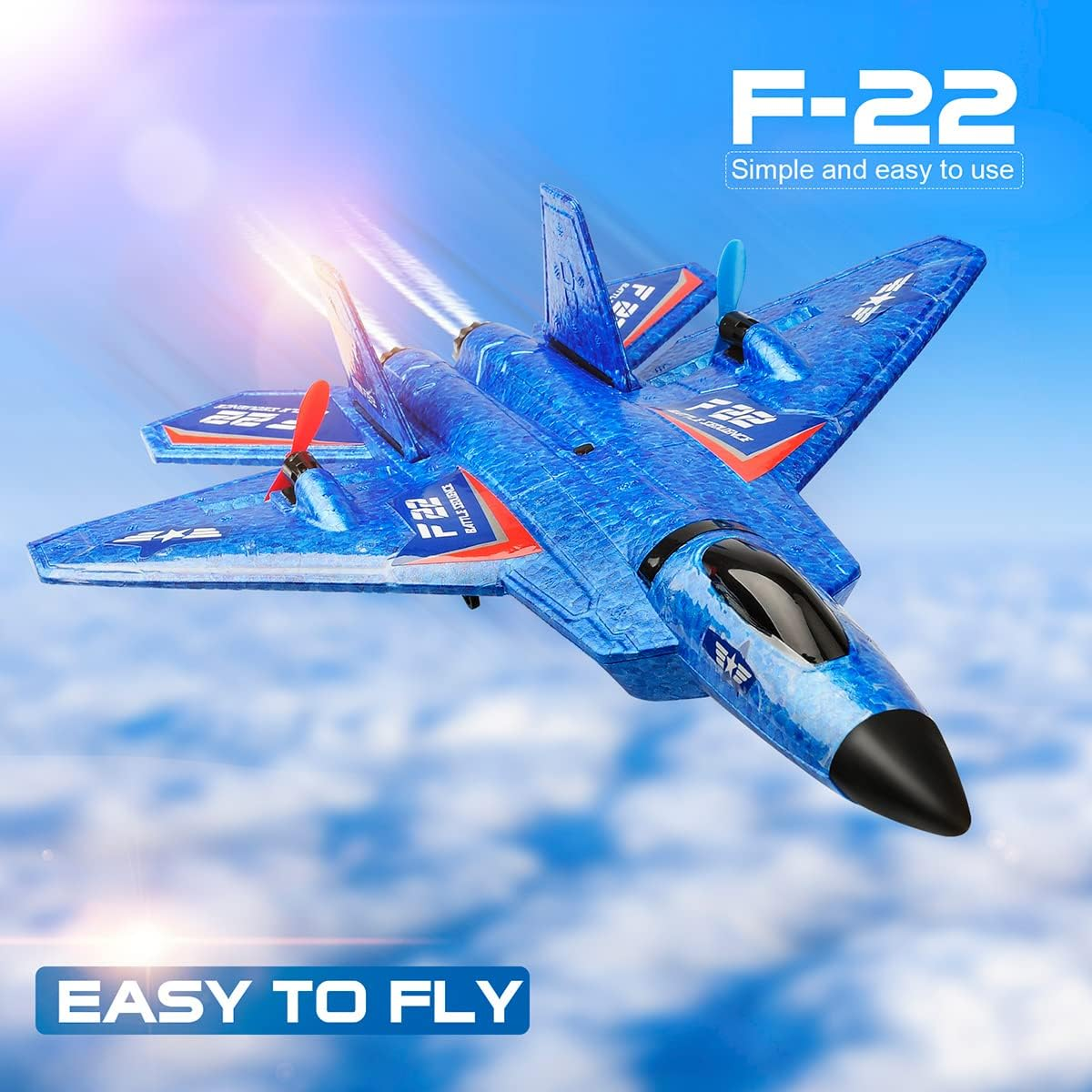 Roofworld RC Plane, F22 Airplane Fighter Ready to Fly, 2.4Ghz 2 Channel Remote Control Airplanes Toy for Boys Girls Kids Beginners Blue02