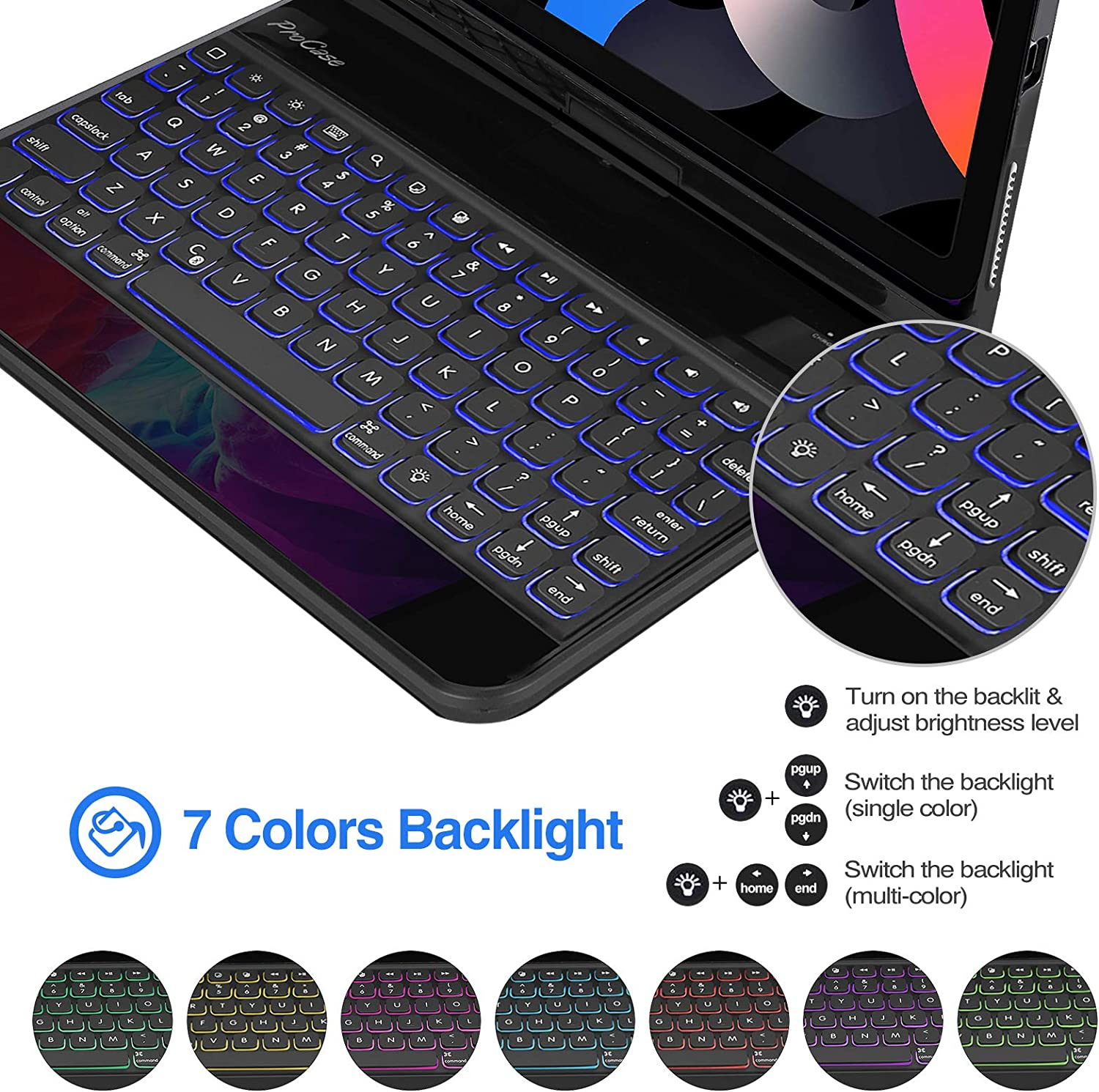 Procase 360&deg; Rotation Keyboard Case for Ipad Air 11" (M3/M2) /Air 5Th/4Th 10.9" / Ipad Pro 11" 2025 2024 2022 2021 2020 2018, Wireless Keyboard with 7 Colors Backlit, Auto Sleep/Wake -Black image number 2