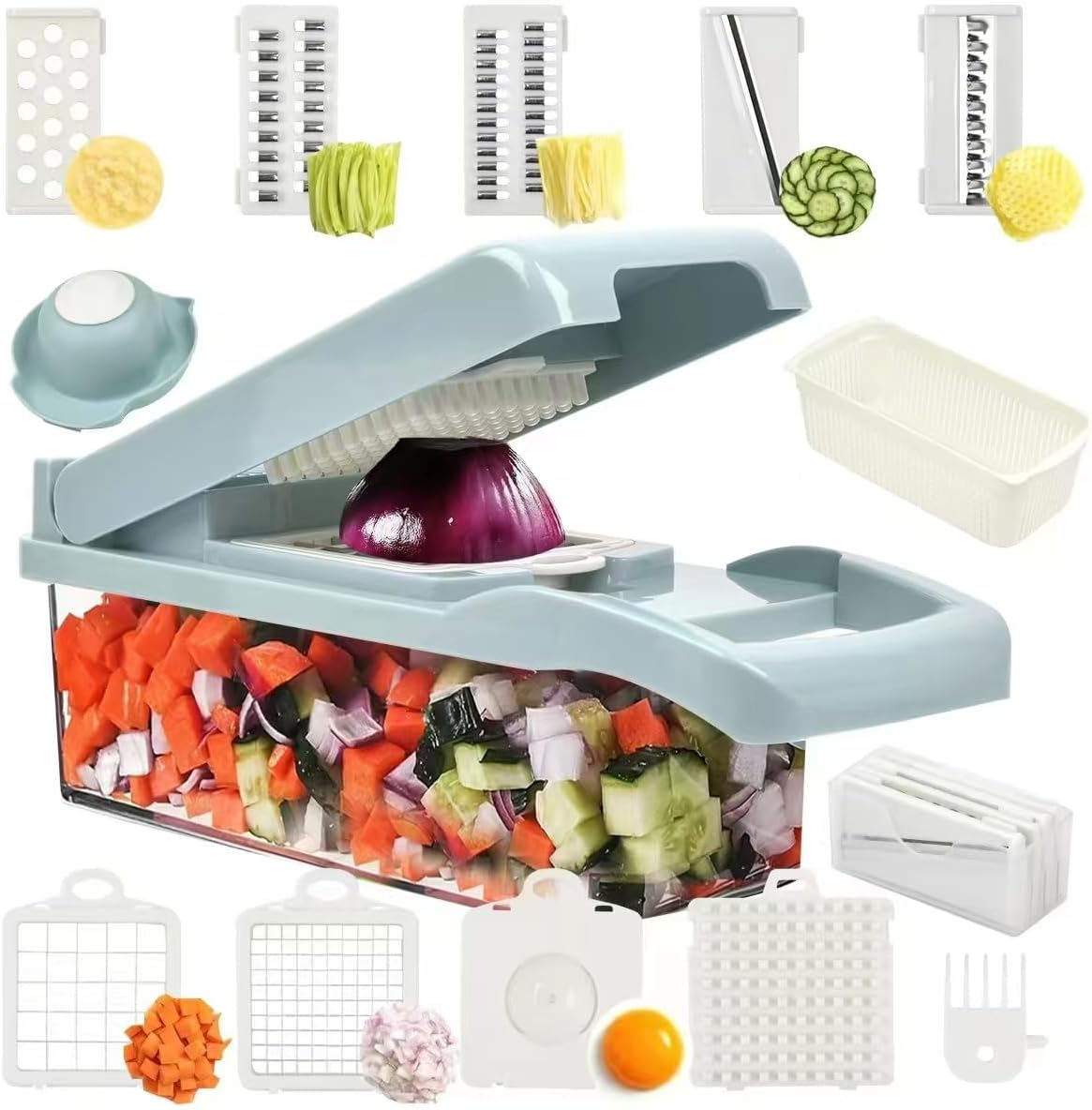Vegetable Chopper, Onion Chopper, 15 in 1Professional Food Chopper Multifunctional Vegetable Slicer, Dicing Machine, Adjustable Vegetable Cutter with Container-Blue image number 6