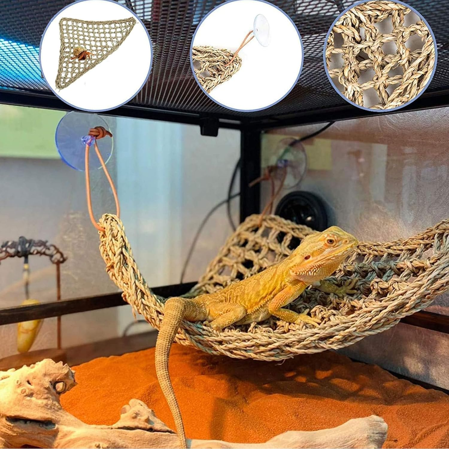 Reptile Tank Accessories Set - Climbing Hammock, Wood Hideout for Bearded Dragon, Leopard Gecko, Hermit Crab & Snake Habitat Decor image number 2
