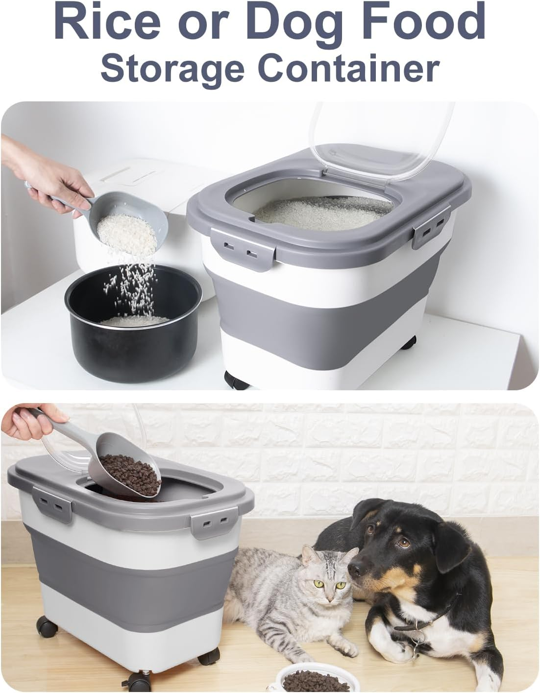 DDMOMMY 20-30 Lbs Rice Storage Container,Collapsible Food Storage Containers with Rolling Wheel Airtight Locking Lid,Flour Storage Container with Cup and Scoop,Suitable for Food,Rice,Pet Food,Flour image number 6