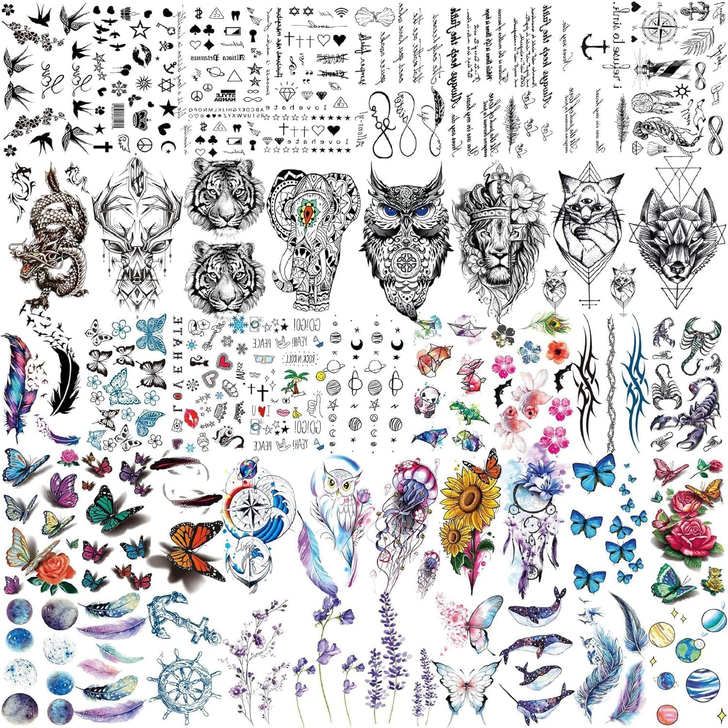 BUYUP Temporary Tattoos Adult,56 Sheets Watercolor Owl Tiger Lion Temporary Tattoos for Women Men Body Art Arm Thigh, 3D Long Lasting Realistic Fake Tattoo Sleeve Stickers, Temp Tatoos Kids image number 5