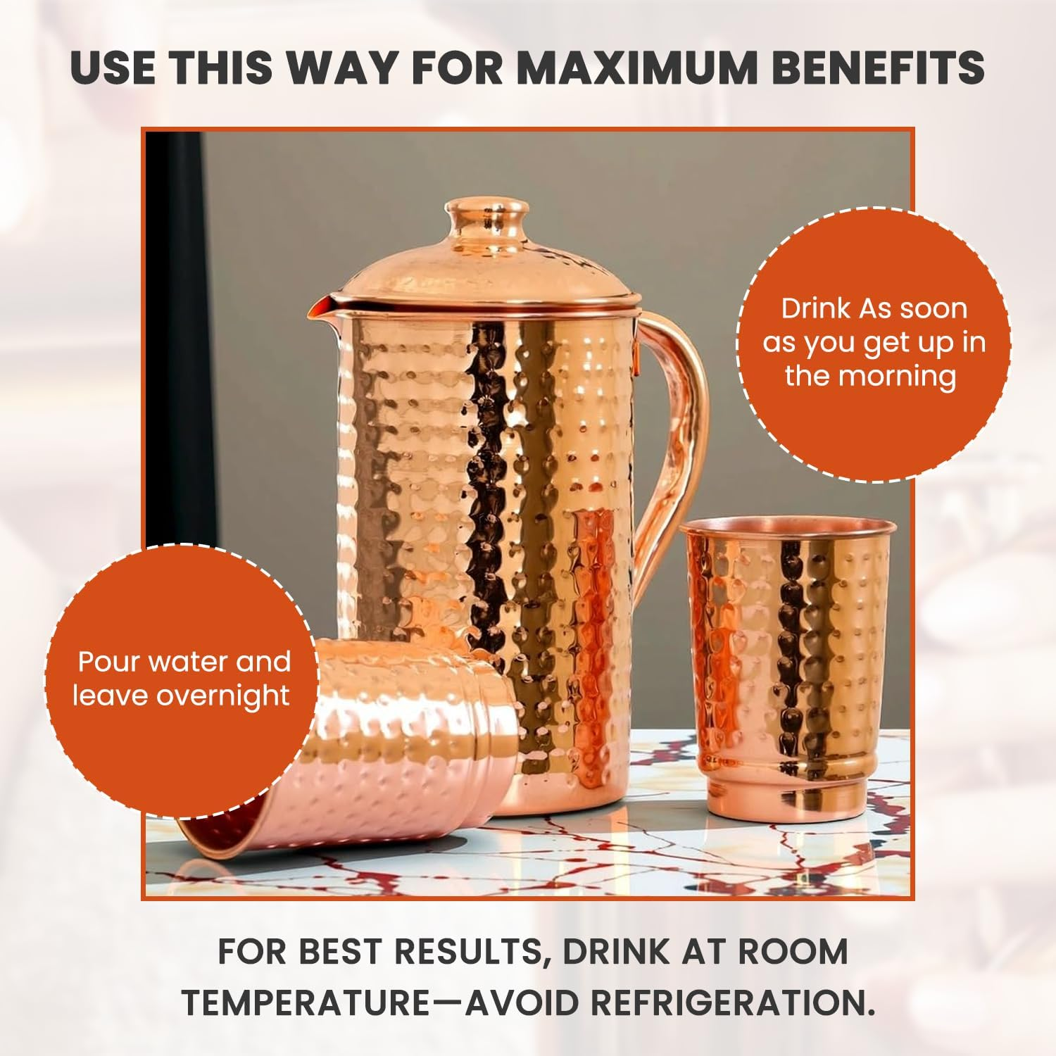 2Activelife Handmade Hammered Design Copper Water Pitcher with 2 Copper Cups | Traditional Copper Pitcher for Drinking and Serving Water in Daily Use (50.7 Fl Oz)